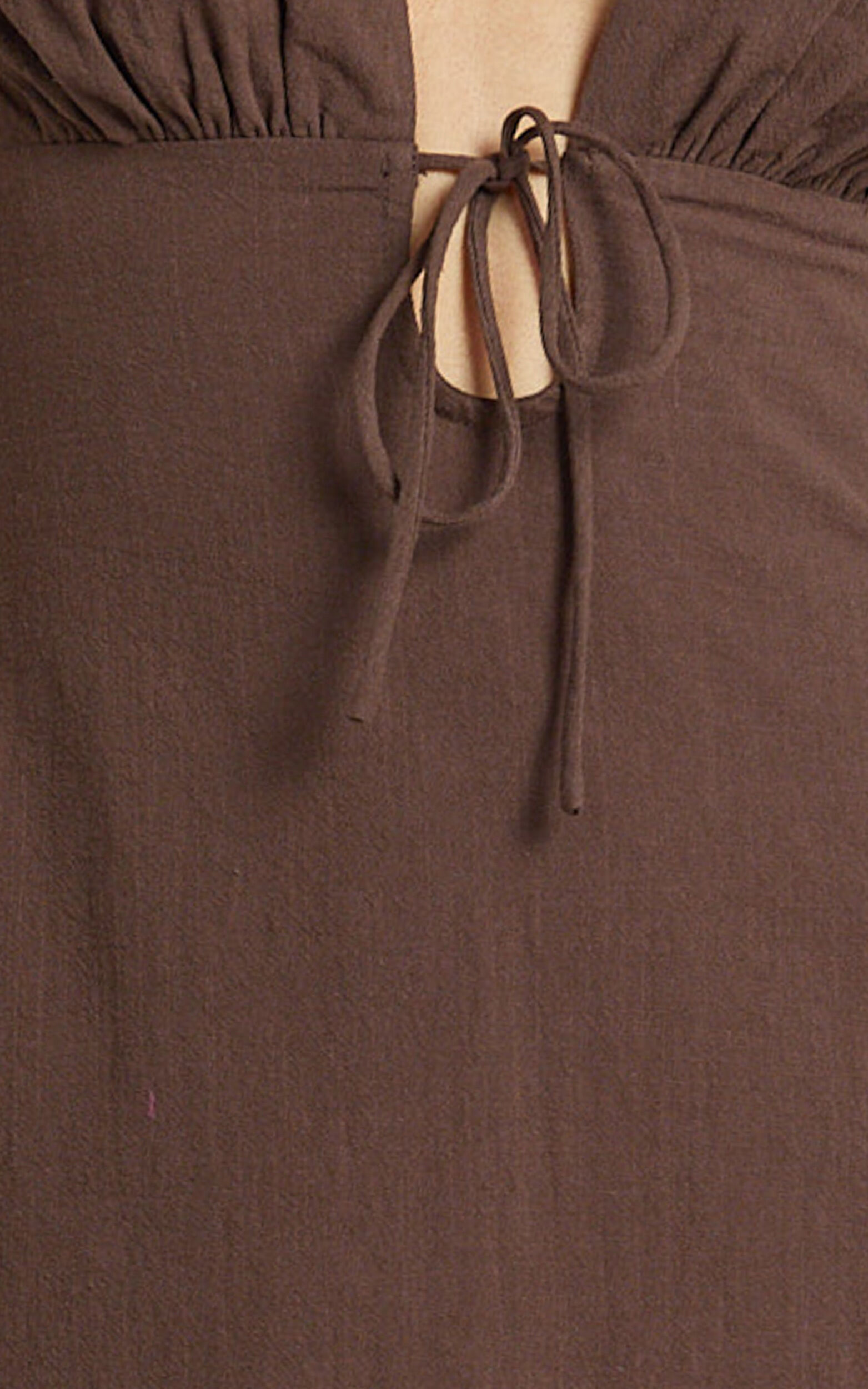 Silvena Midi Dress - Plunge Neckline Tie Front A Line Dress in Chocolate