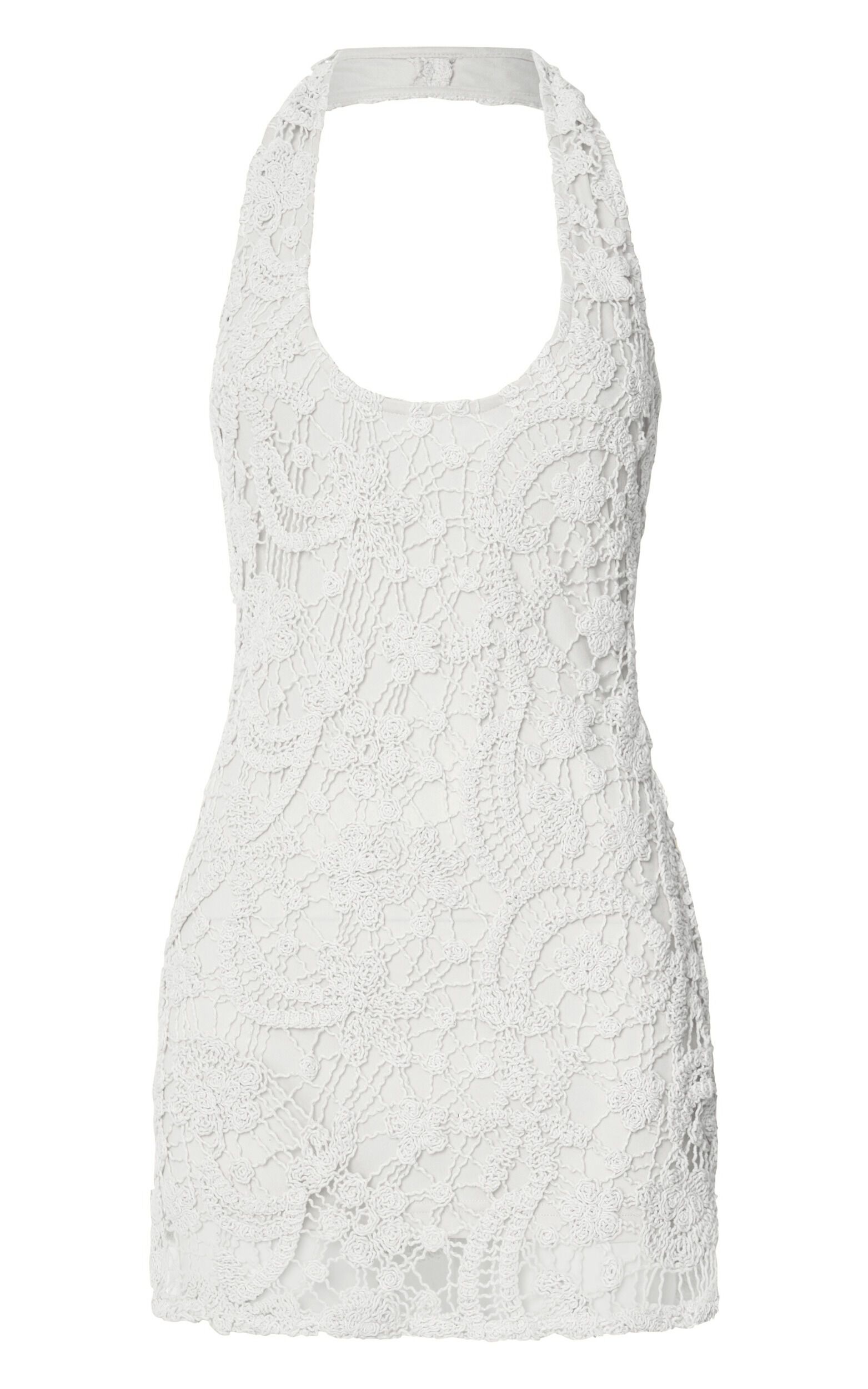 Adessa Mini Dress - Halter Neck Fitted Crochet Dress in White