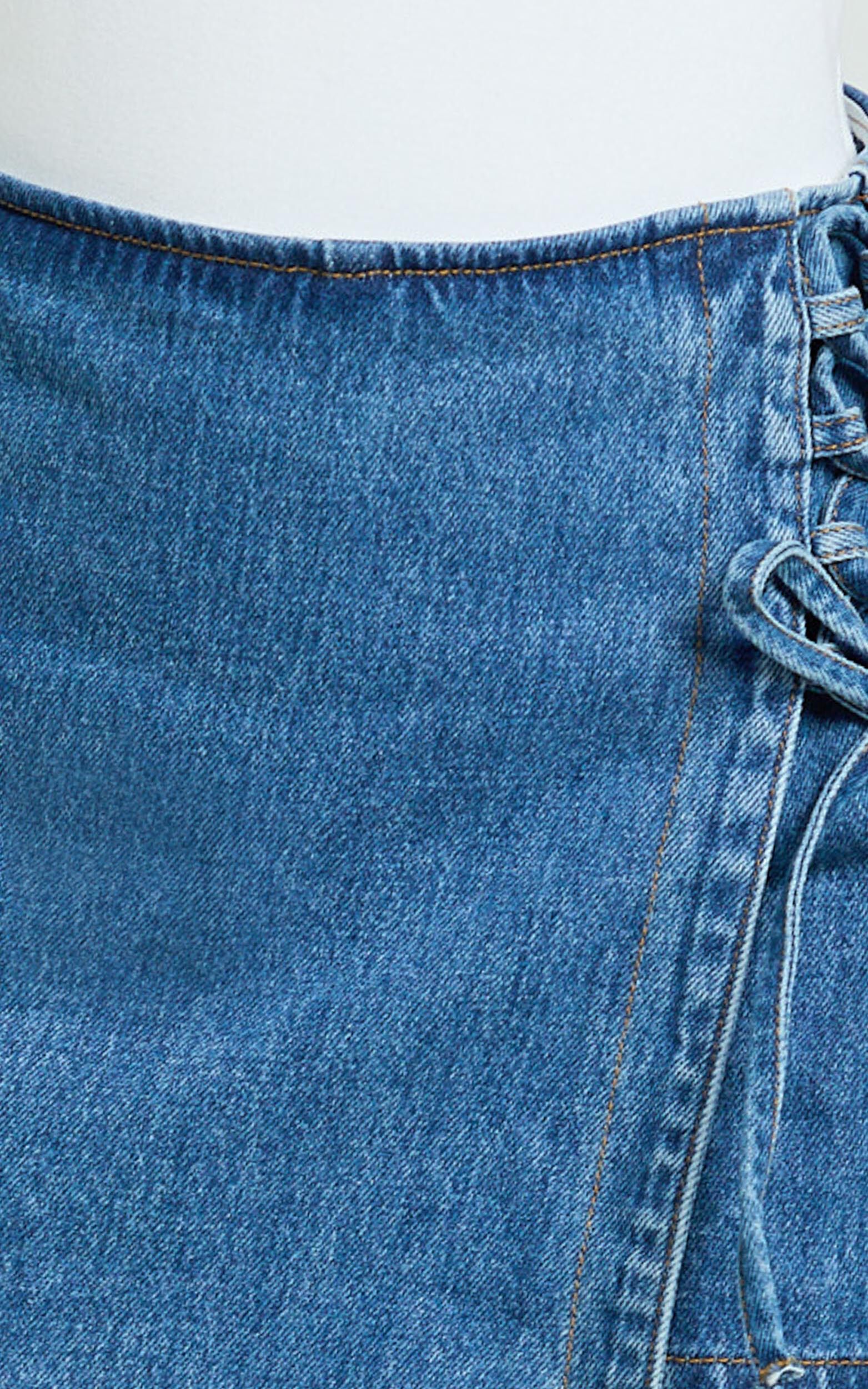 Ronnie Skort - Mid Waist Lace Up Denim Skort in Dark Blue Wash