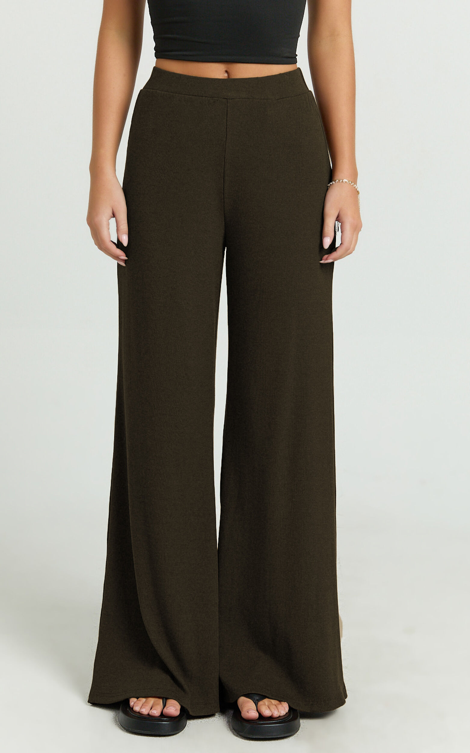 Amalthea Pants - High Waisted Jersey Rib Wide Leg Pants in Chocolate