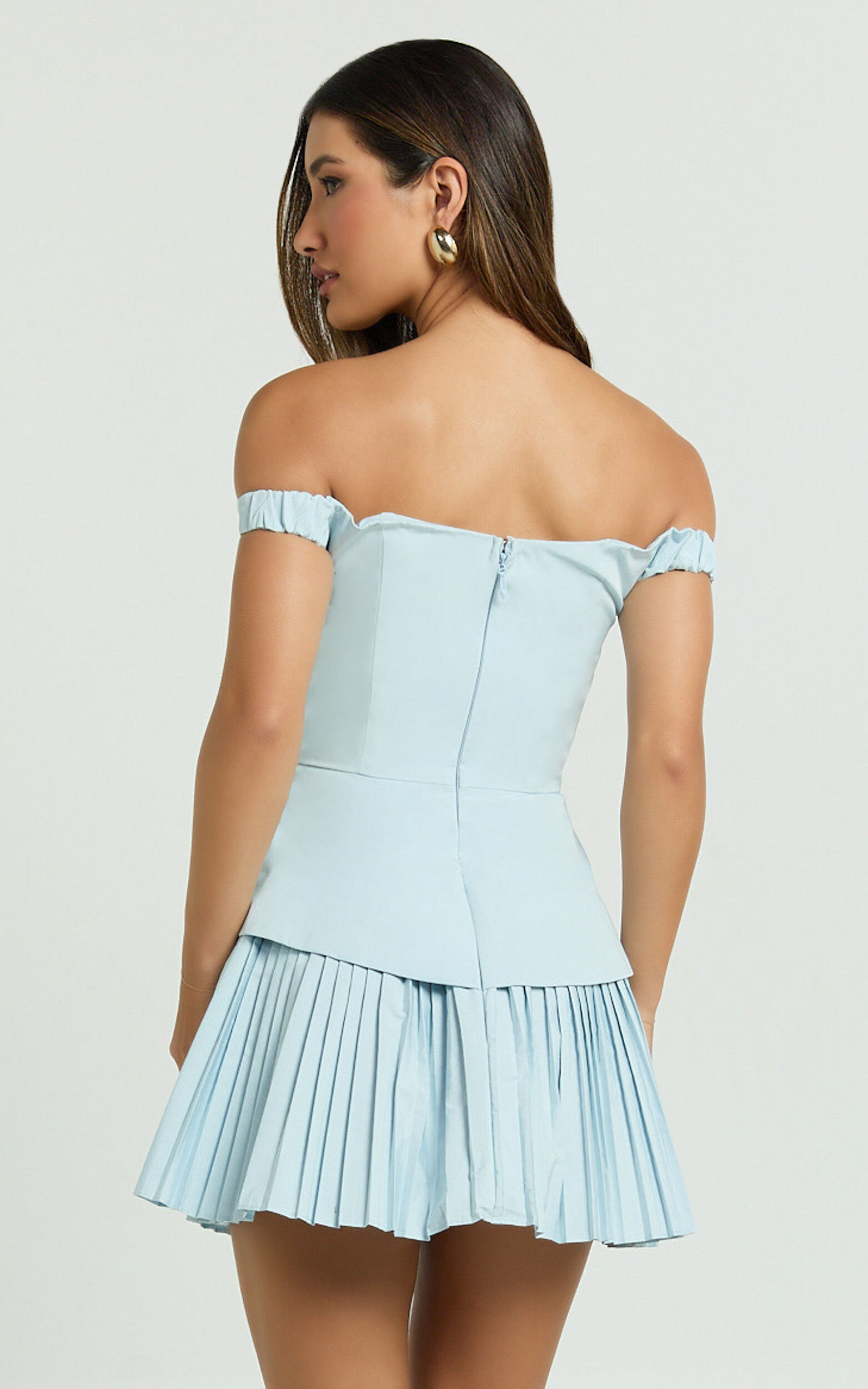 Izara Mini Dress - Off Shoulder Pleated Dress in Blue