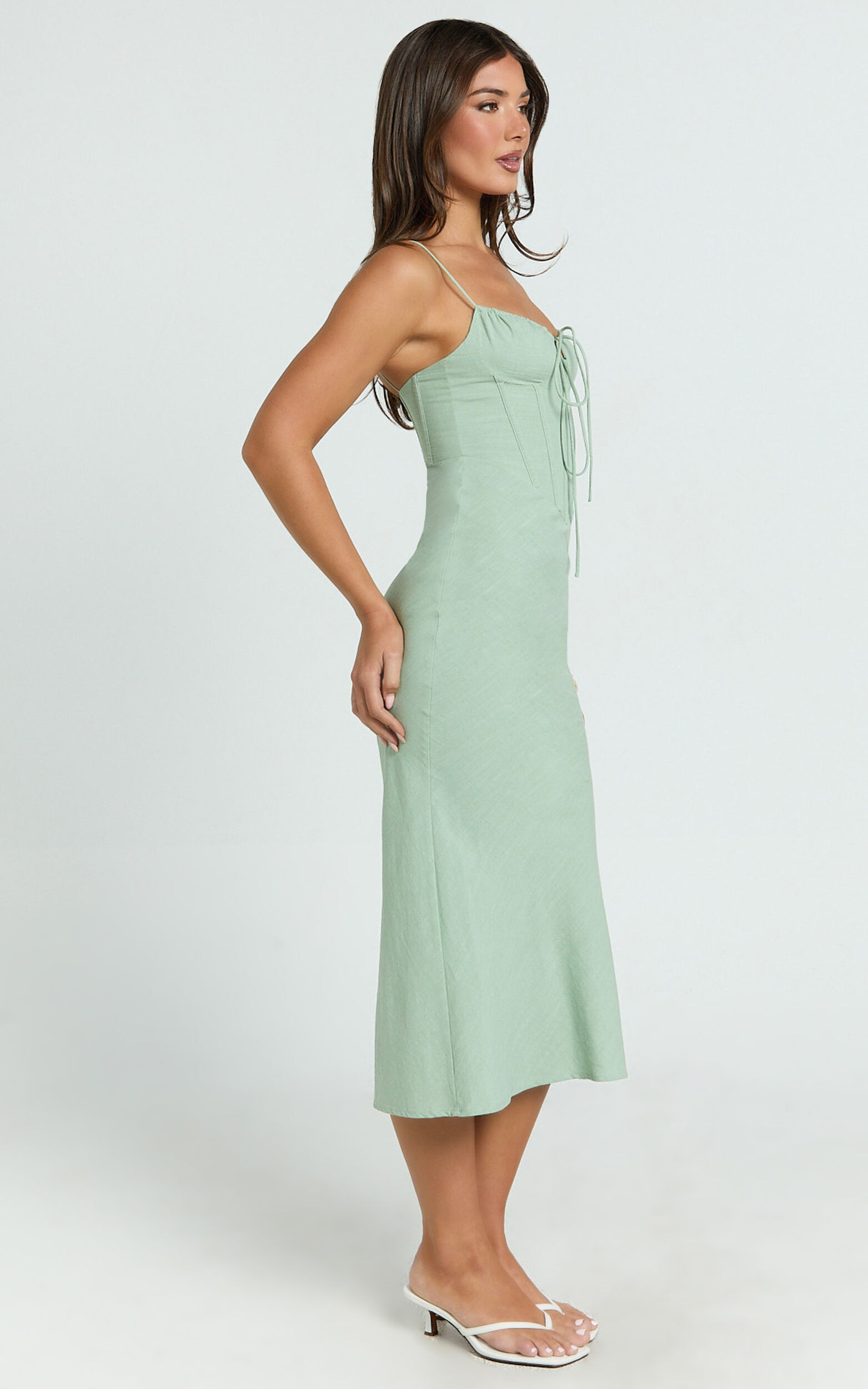 Mikayla Midi Dress - Linen Scoop Neck Ruched Bust Corset Waist Bias Skirt Dress in Sage