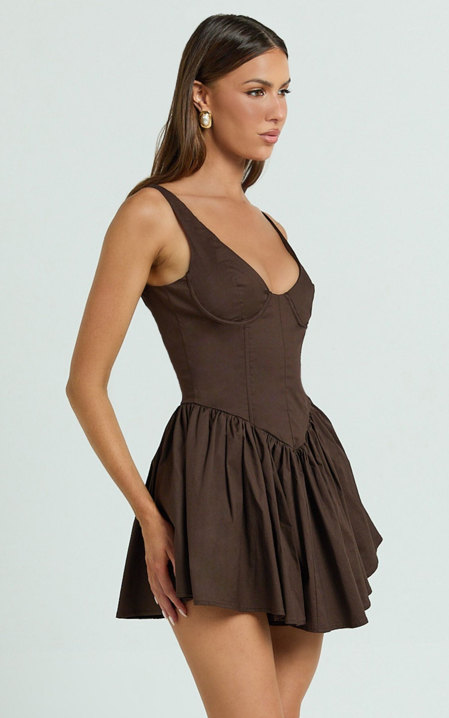 Ashlyn Mini Dress - Scoop Neck V Waist Gathered Dress in Chocolate