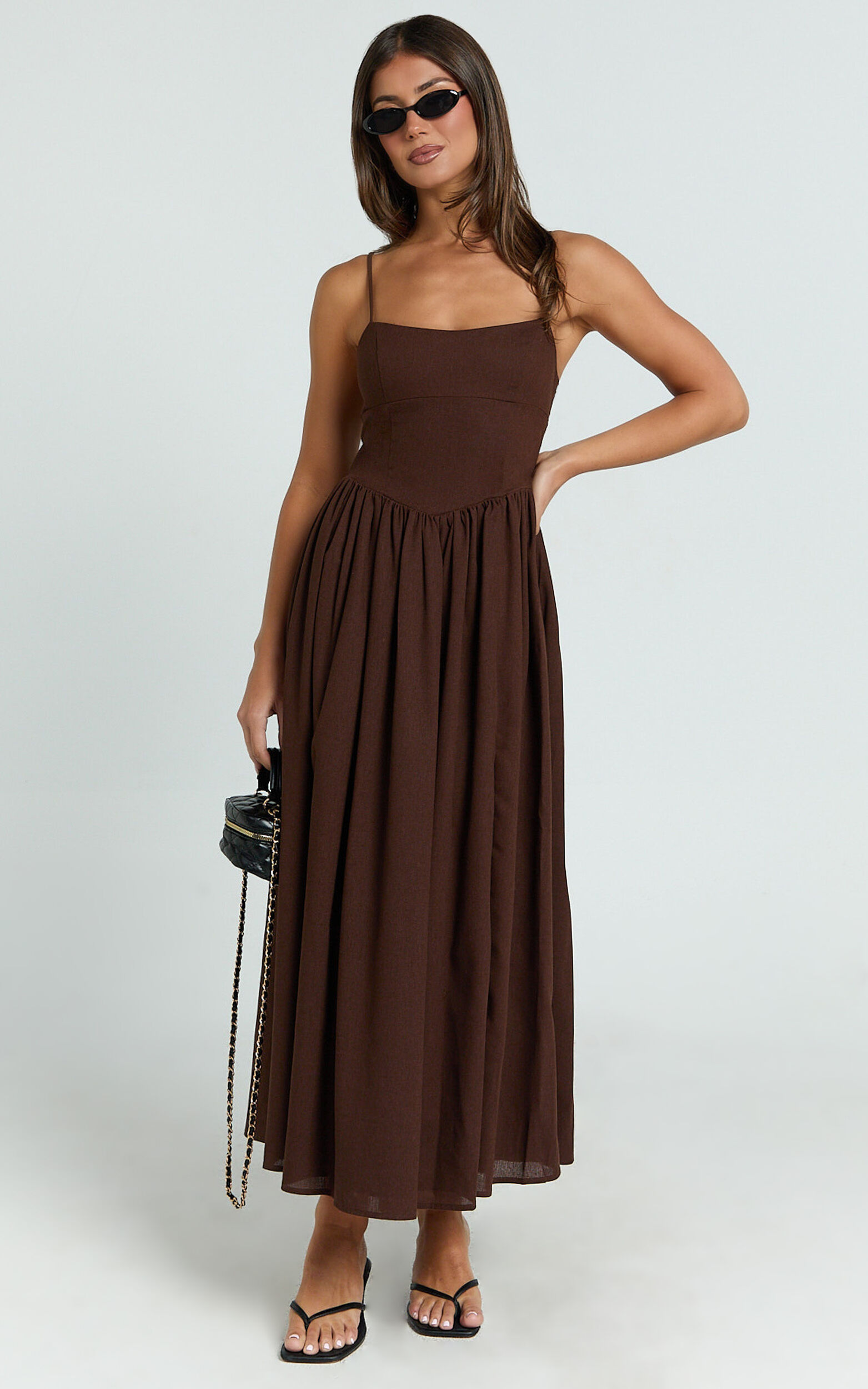 Morris Midi Dress - Linen Scoop Neck Gathered Dress in Chocolate