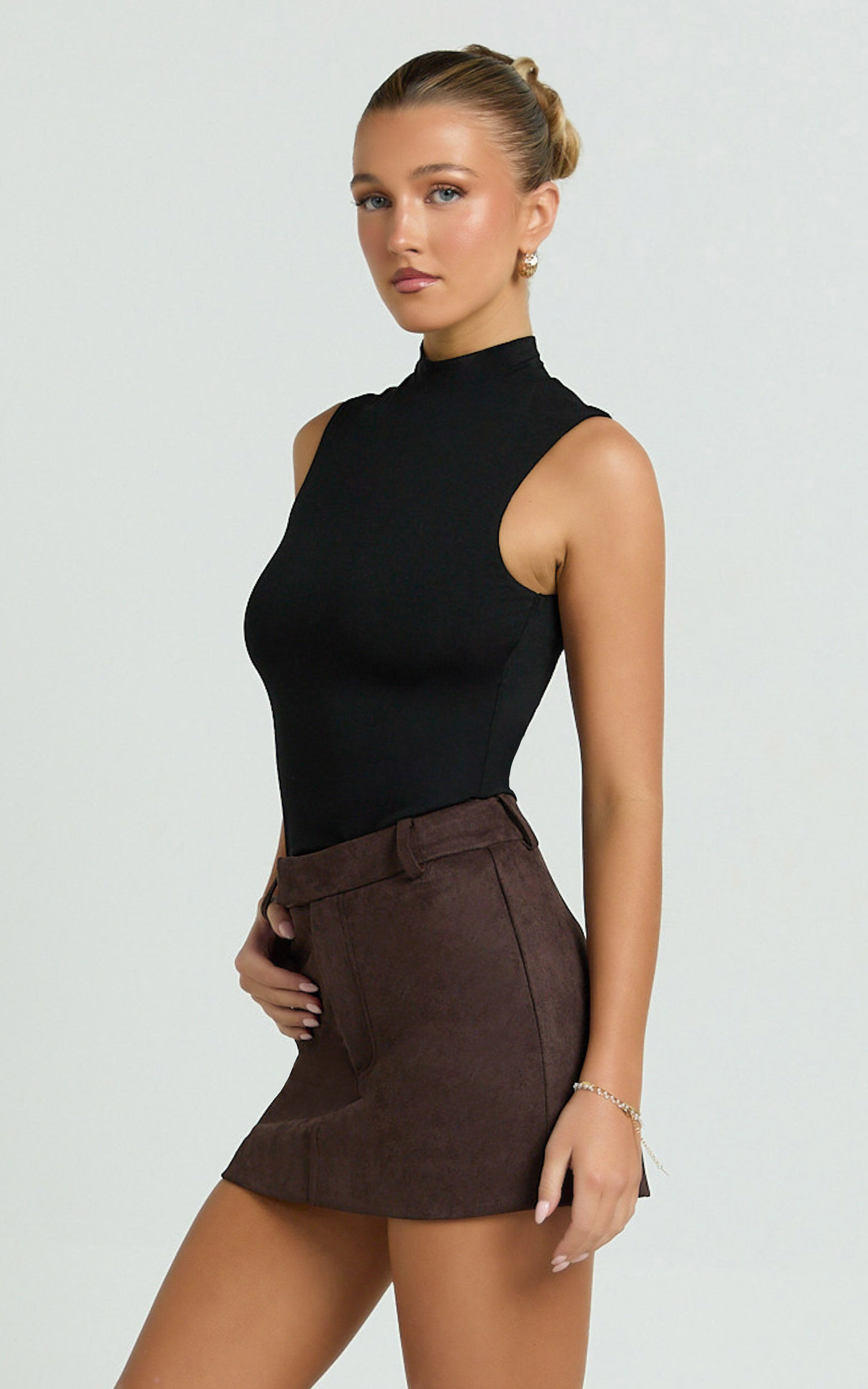 Priscilla Mini Skirt - Mid Waist Faux Suede Skirt in Dark Chocolate