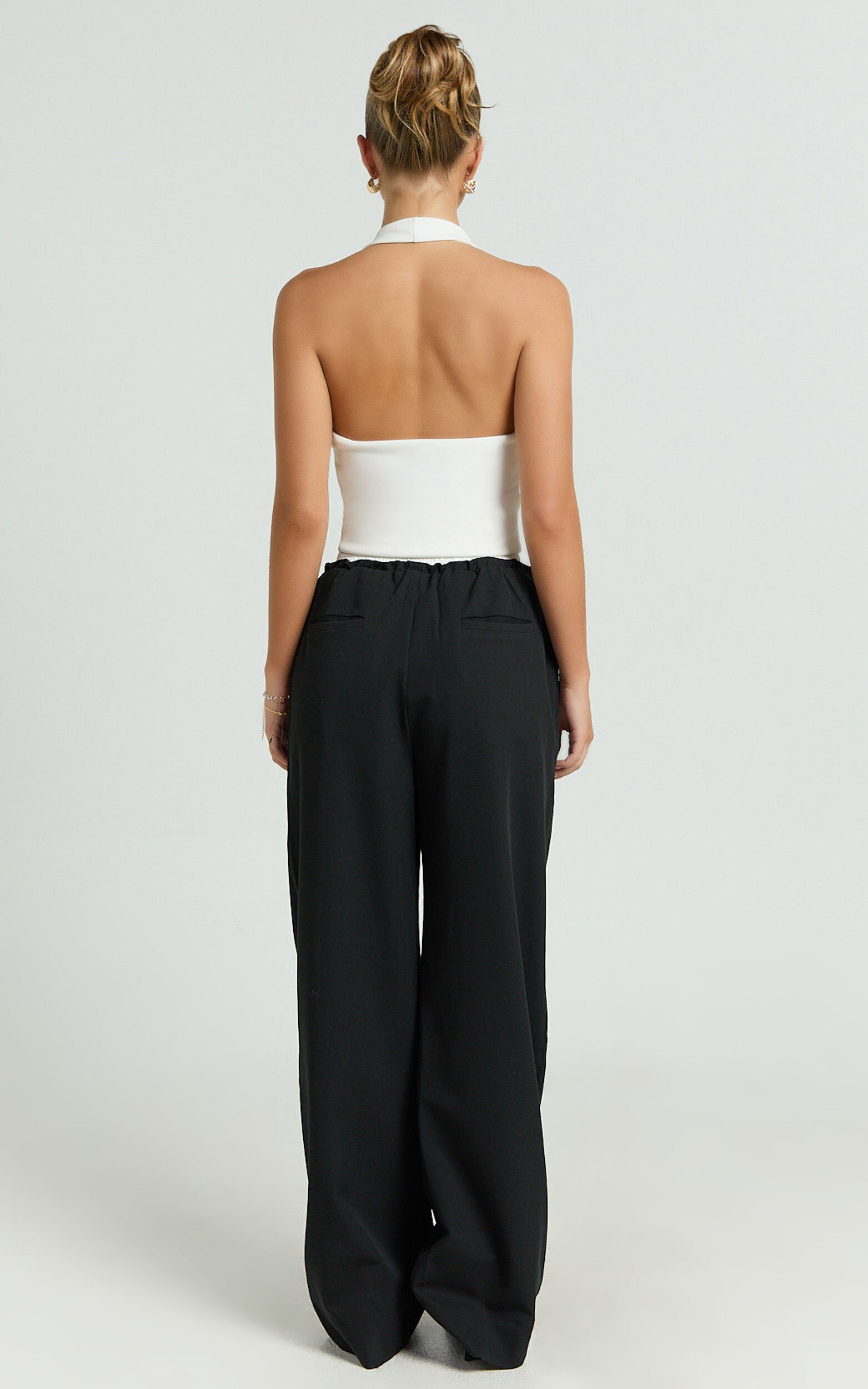 Maliha Pants - Mid Rise Contrast Elasticated Drawstring Wide Leg Tailored Pants in Black
