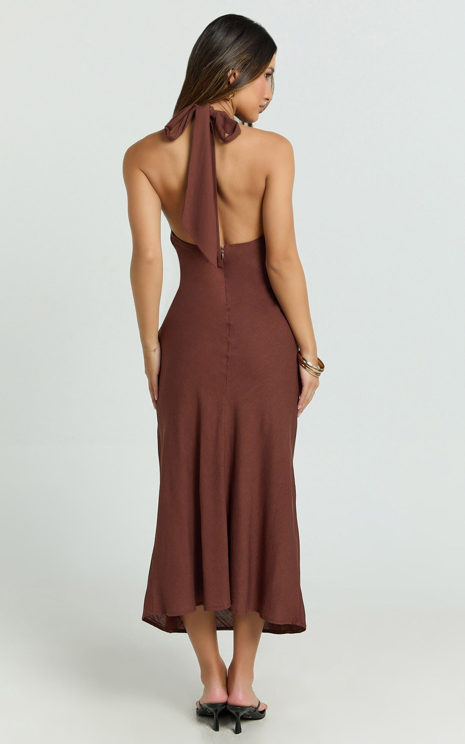 Adele Midi Dress - Halter Plunge Bias Cut Dress in Chocolate