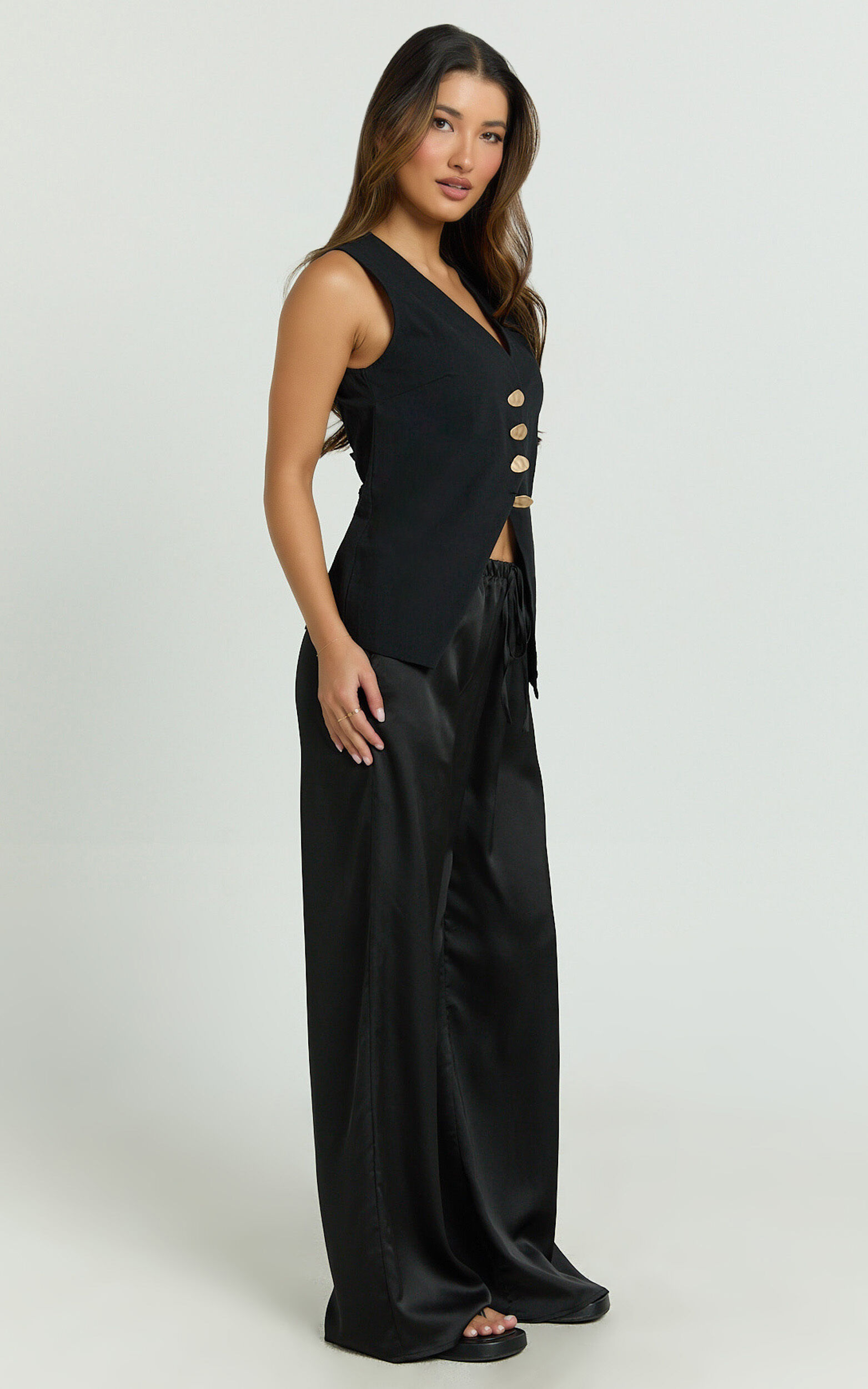 Myrna Two Piece Set - Gold Hardware Waistcoat Top and Relaxed Satin Pants Set in Black