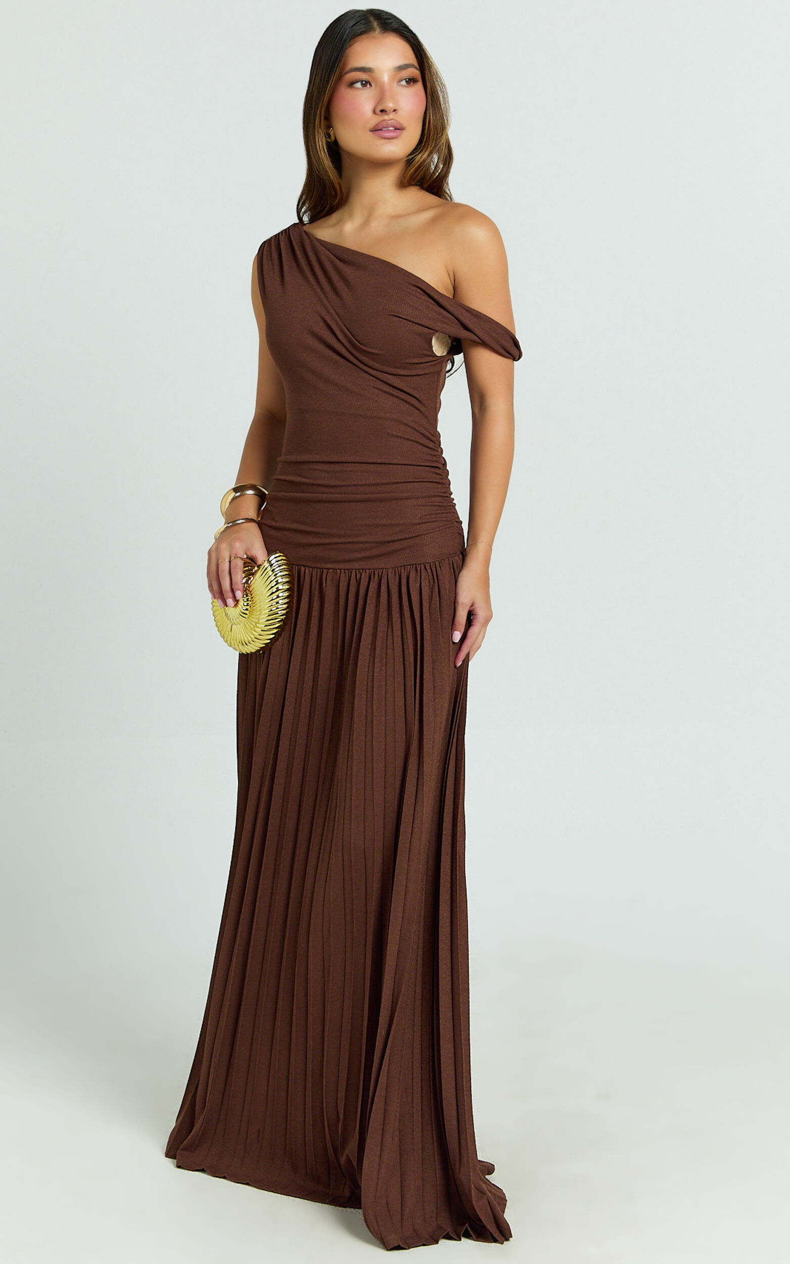 Yvonne Maxi Dress - Jersey Tip Shoulder Ruched Dress in Chocolate