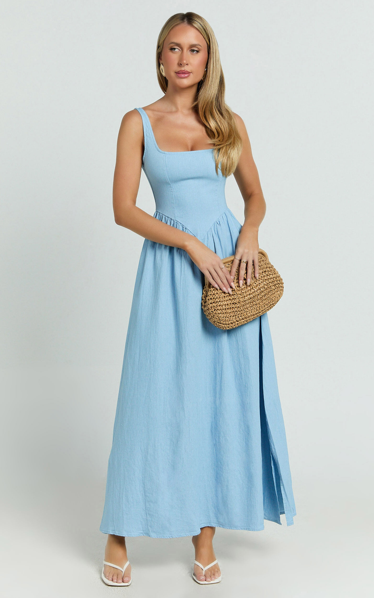 Rhaziya Midi Dress - Sleeveless Straight Neck Fit and Flare Dress in Blue