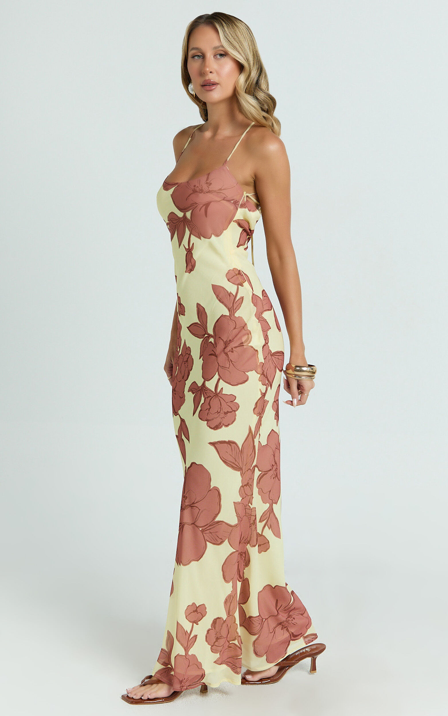Krishna Maxi Dress - Strappy Scoop Neck Floral Placement Print Georgette Dress in Lemon Bouquet Di Fiori Print