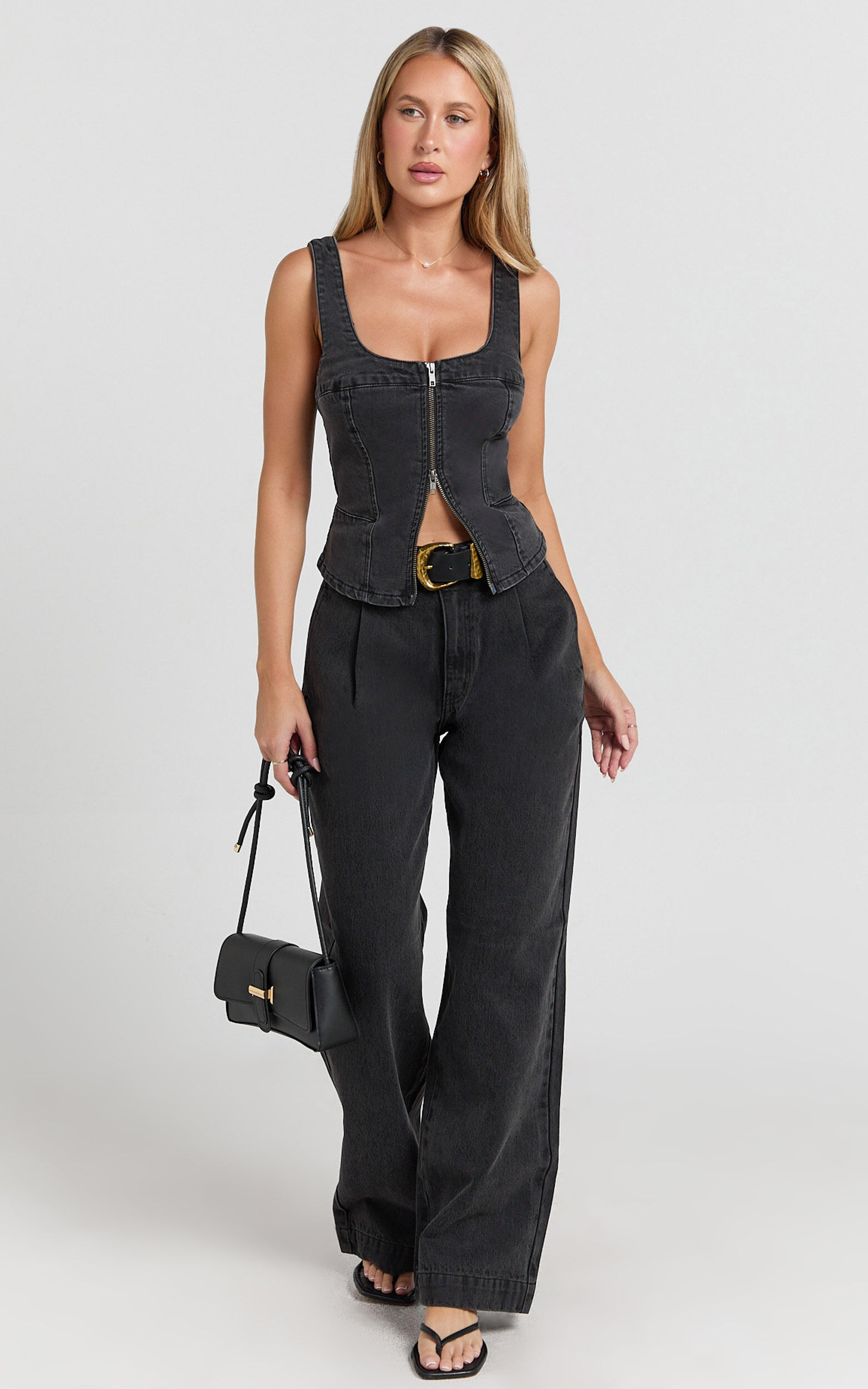 Bellerose Top - Front Zip Denim Fitted Top in Washed Black