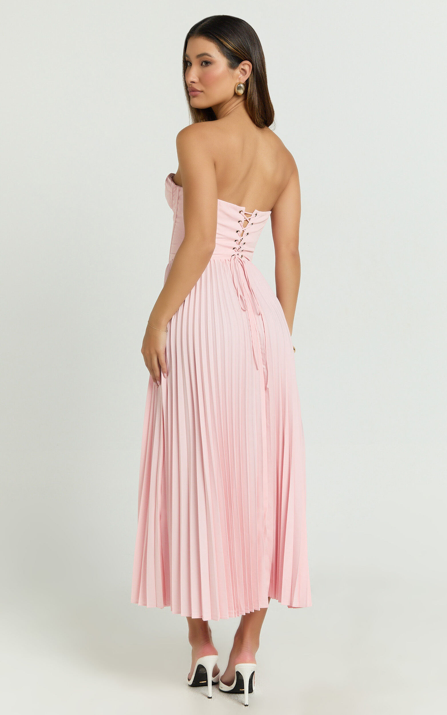 Loretta Midi Dress - Lace Up Back Bustier Pleated Dress in Soft Pink
