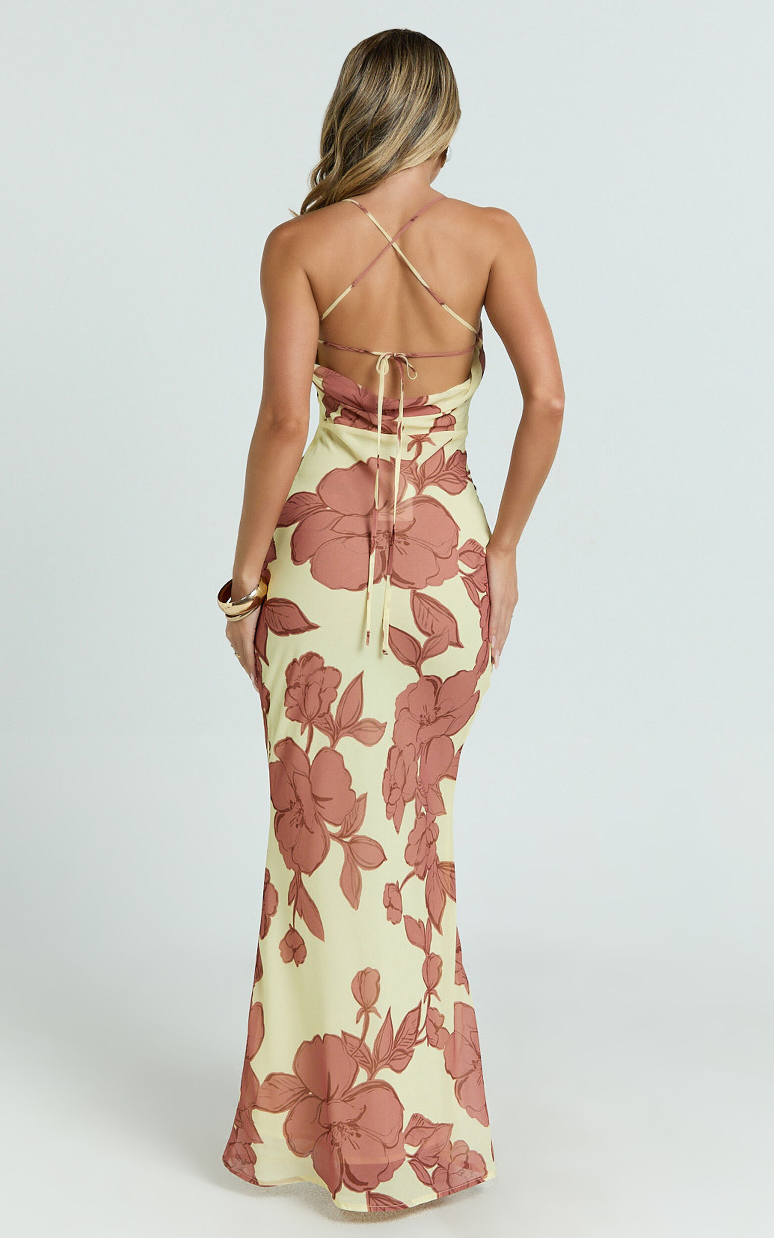 Krishna Maxi Dress - Strappy Scoop Neck Floral Placement Print Georgette Dress in Lemon Bouquet Di Fiori Print