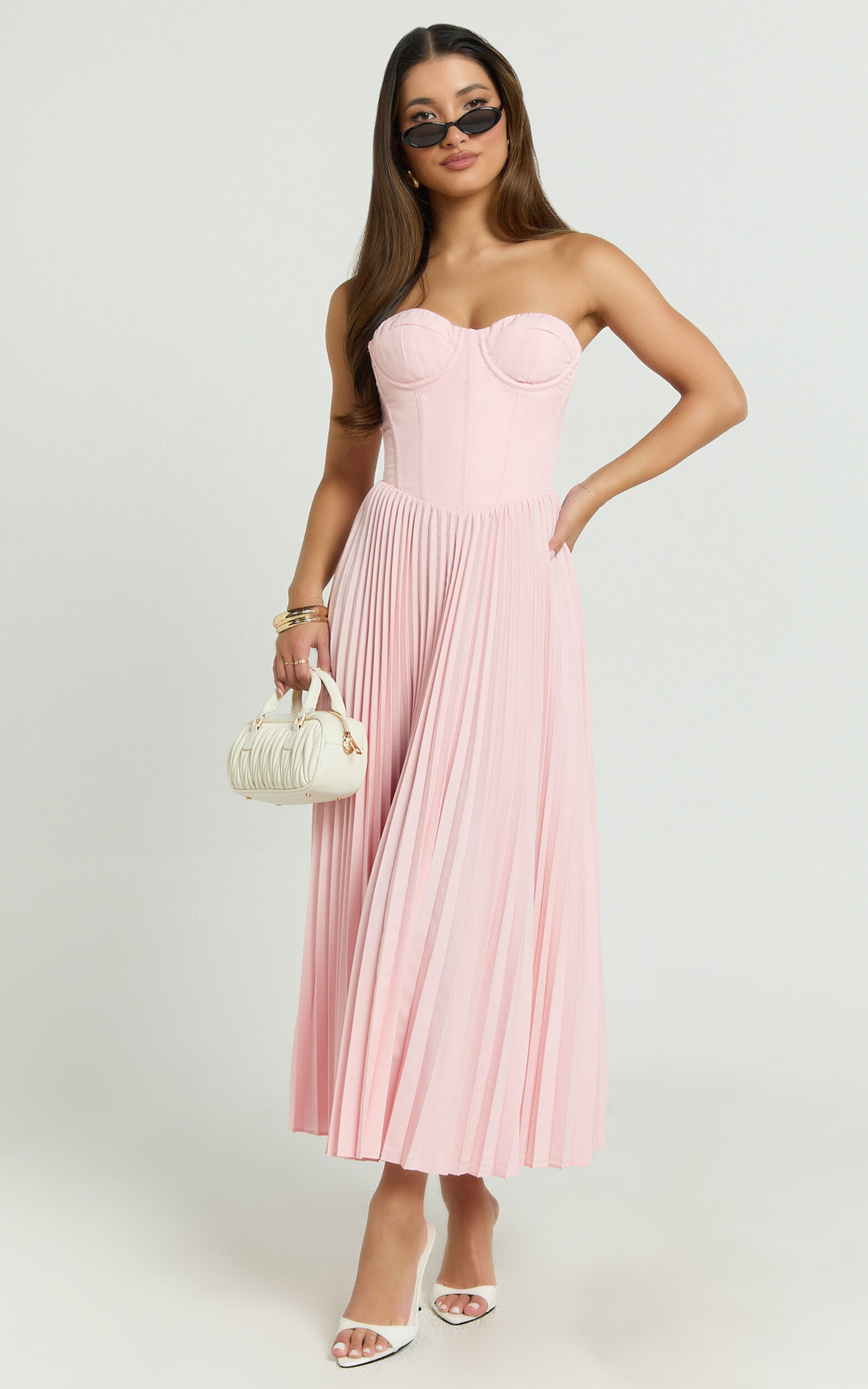 Loretta Midi Dress - Lace Up Back Bustier Pleated Dress in Soft Pink