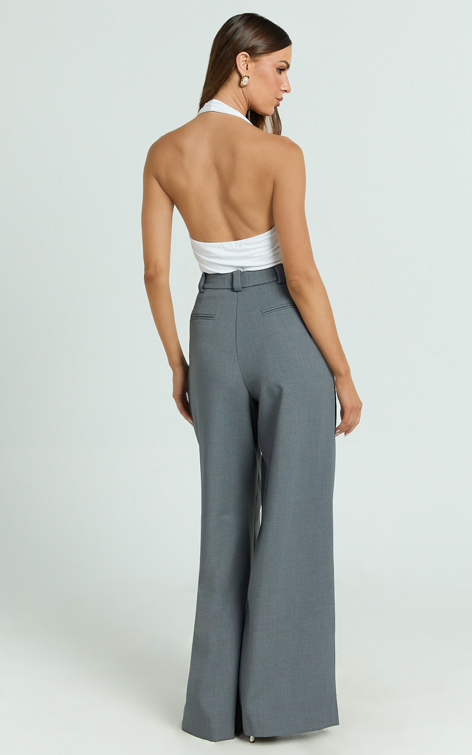 Frankie Pants - Low Rise Pleated Wide Leg Pant with Hardware Buckle in Grey