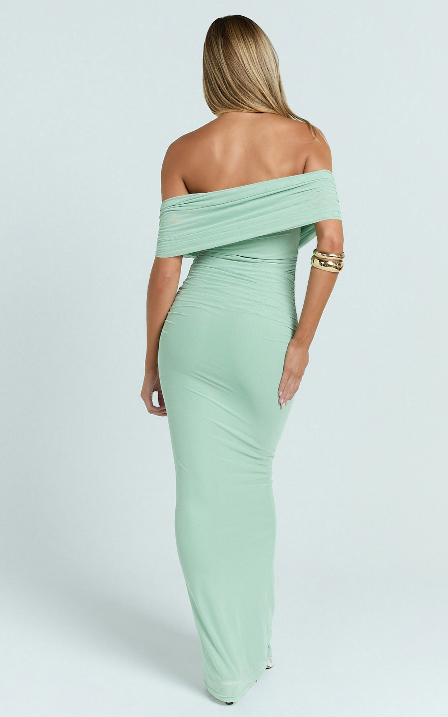 Caterina Maxi - Ruched Off Shoulder Mesh Dress in Sage