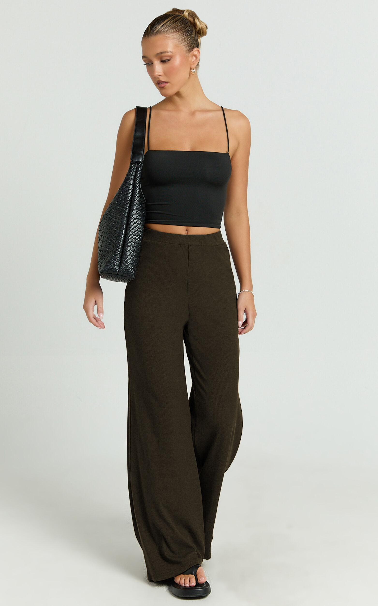 Amalthea Pants - High Waisted Jersey Rib Wide Leg Pants in Chocolate