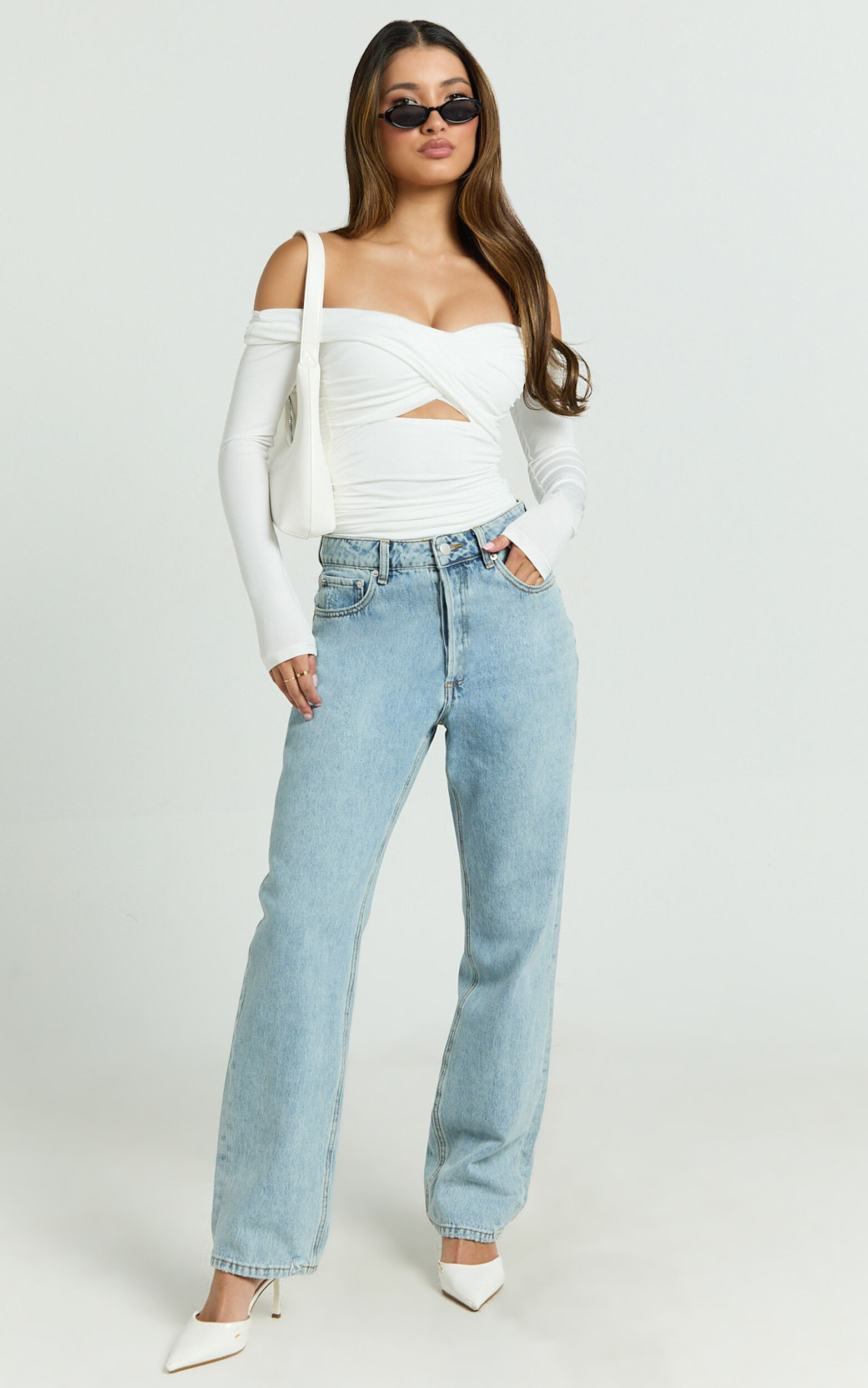Dana Top - Off Shoulder Long Sleeve Ruched Fitted Top in White