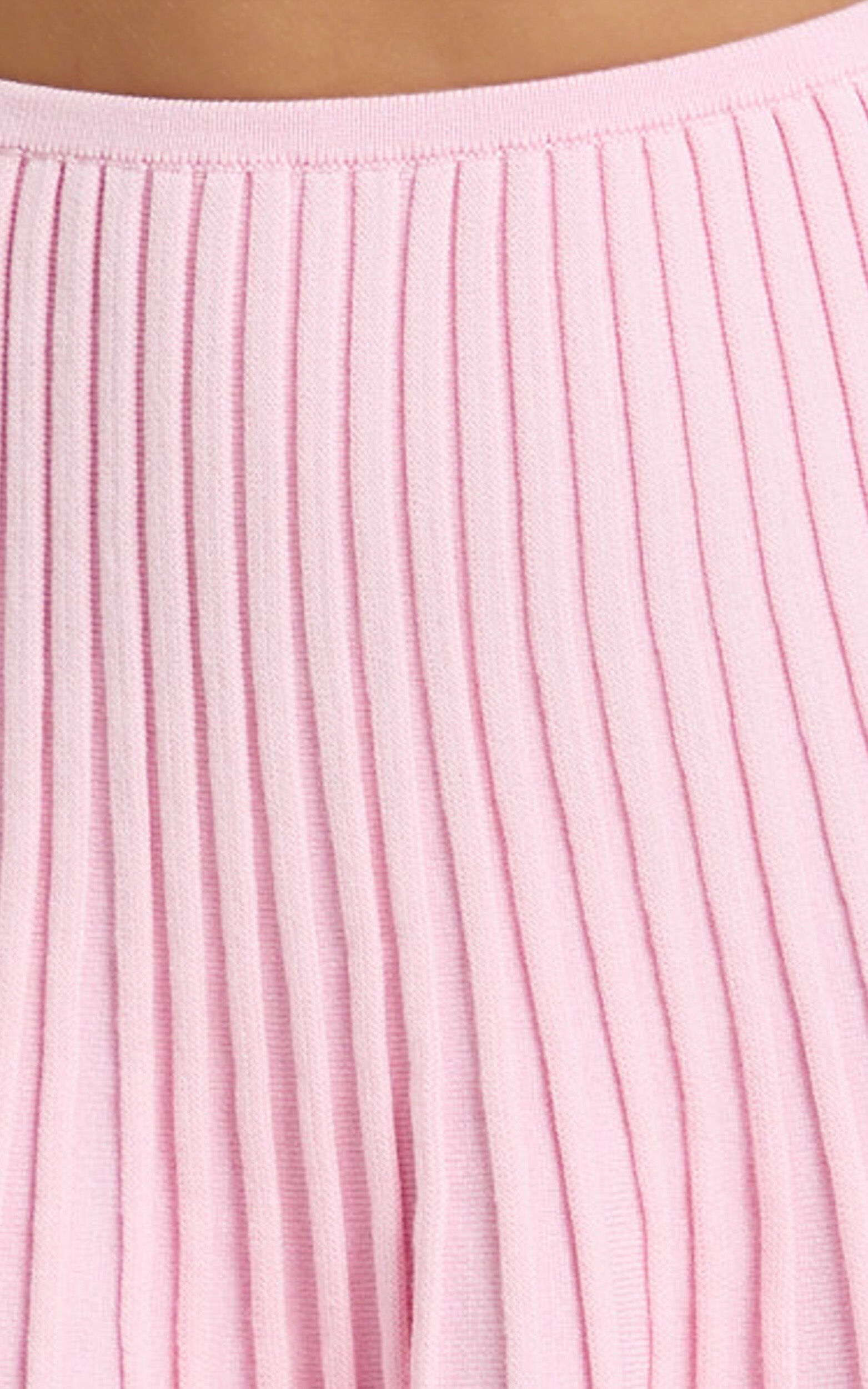 Naomi Two Piece Set - Contrast Knit Button Up Long Sleeve And Pleated Mini Skirt in Plain Baby Pink