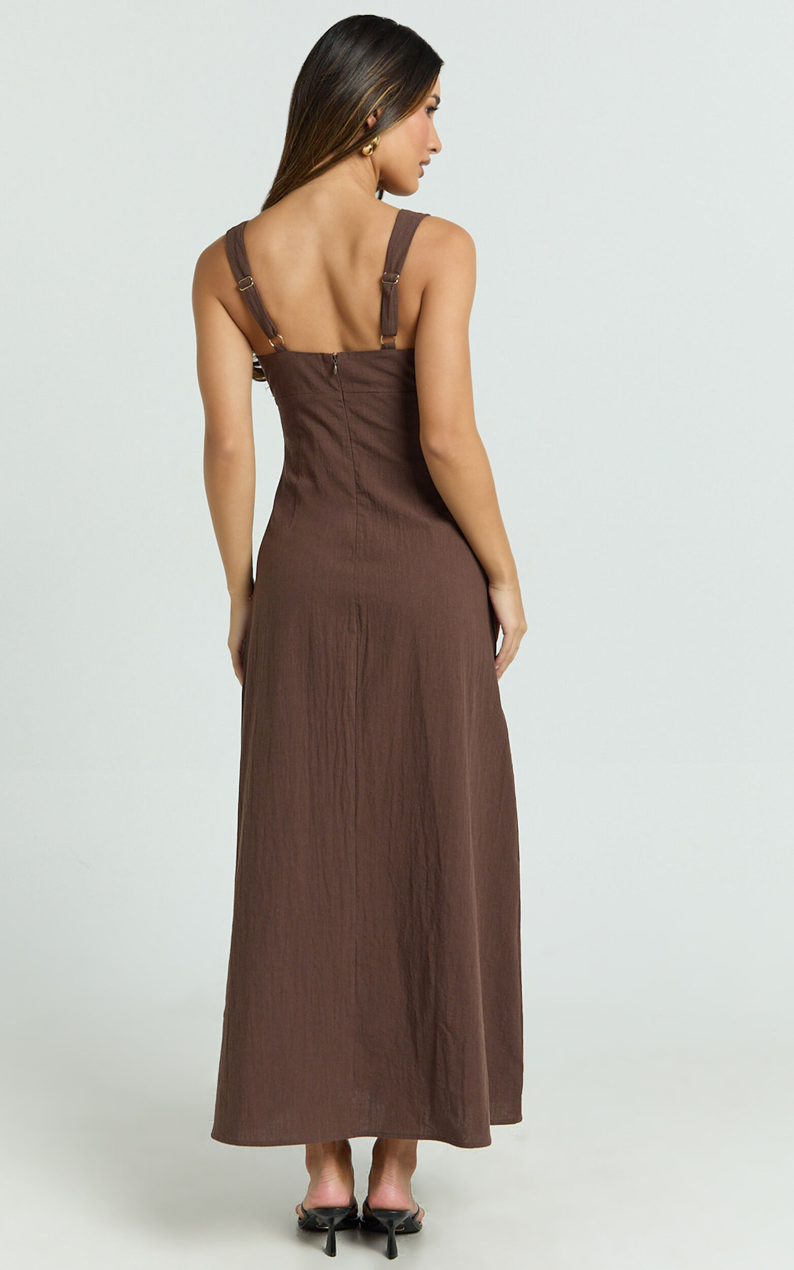 Silvena Midi Dress - Plunge Neckline Tie Front A Line Dress in Chocolate