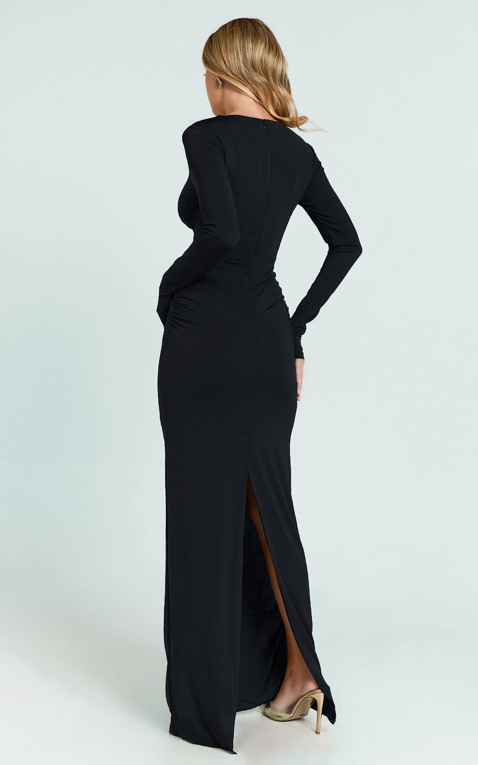 Dakota Maxi Dress - Long Sleeve V Neck Bodycon Dress in Black