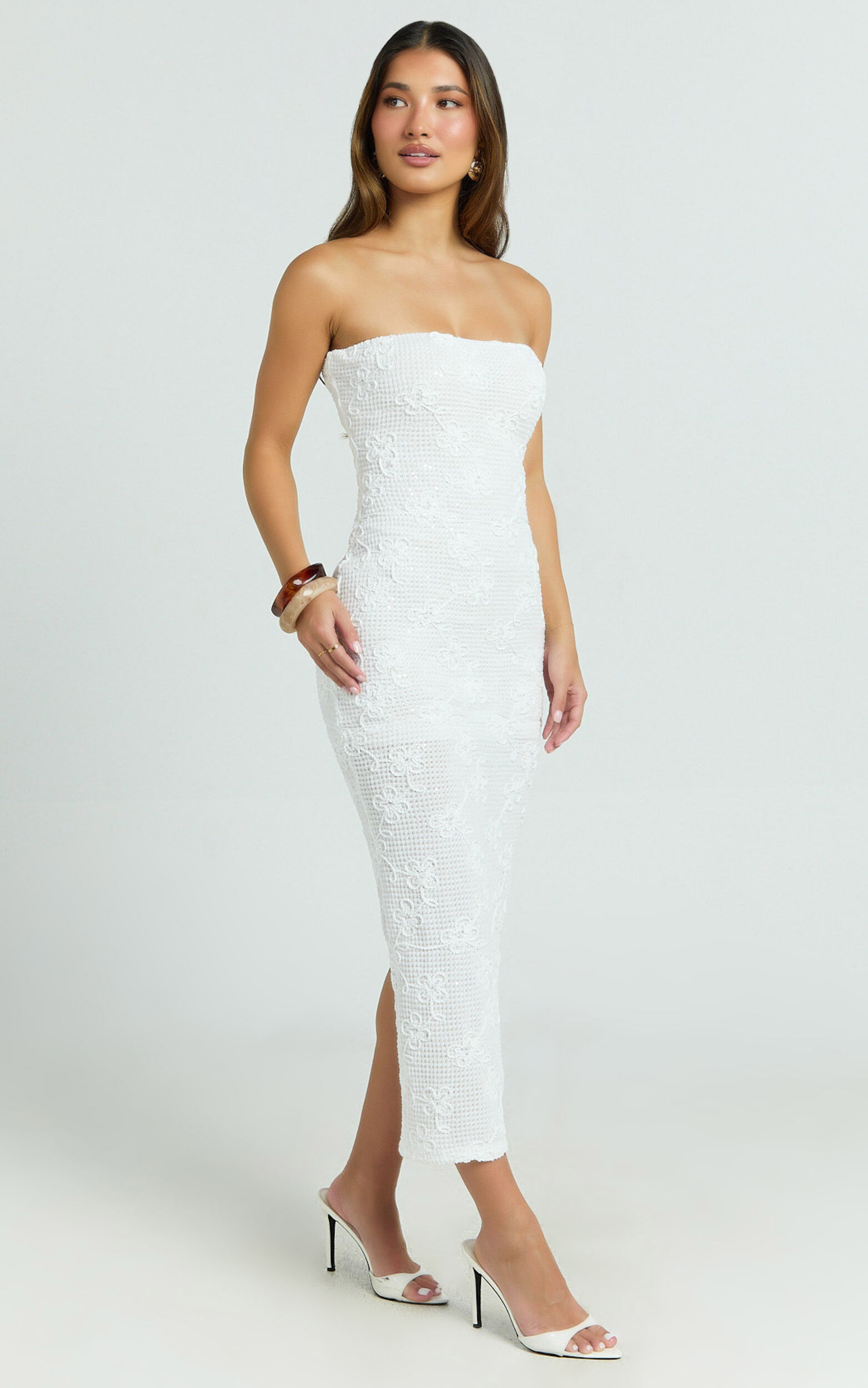 Jamil Midi Dress - Strapless Fitted Jersey Dress in White