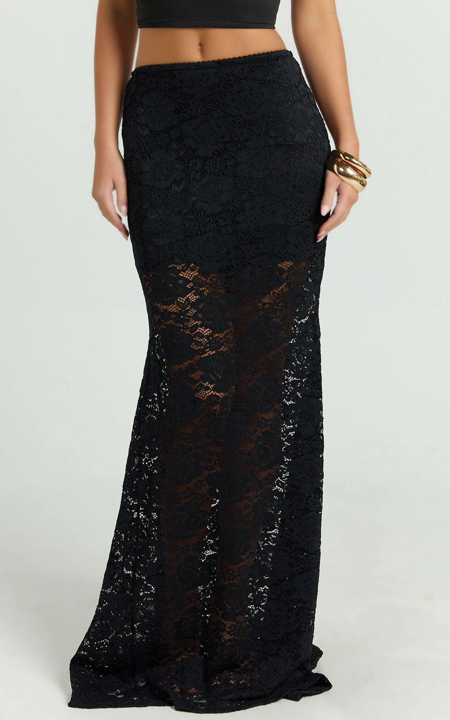 Kamille Maxi Skirt - Lace Mermaid Hem Skirt in Black