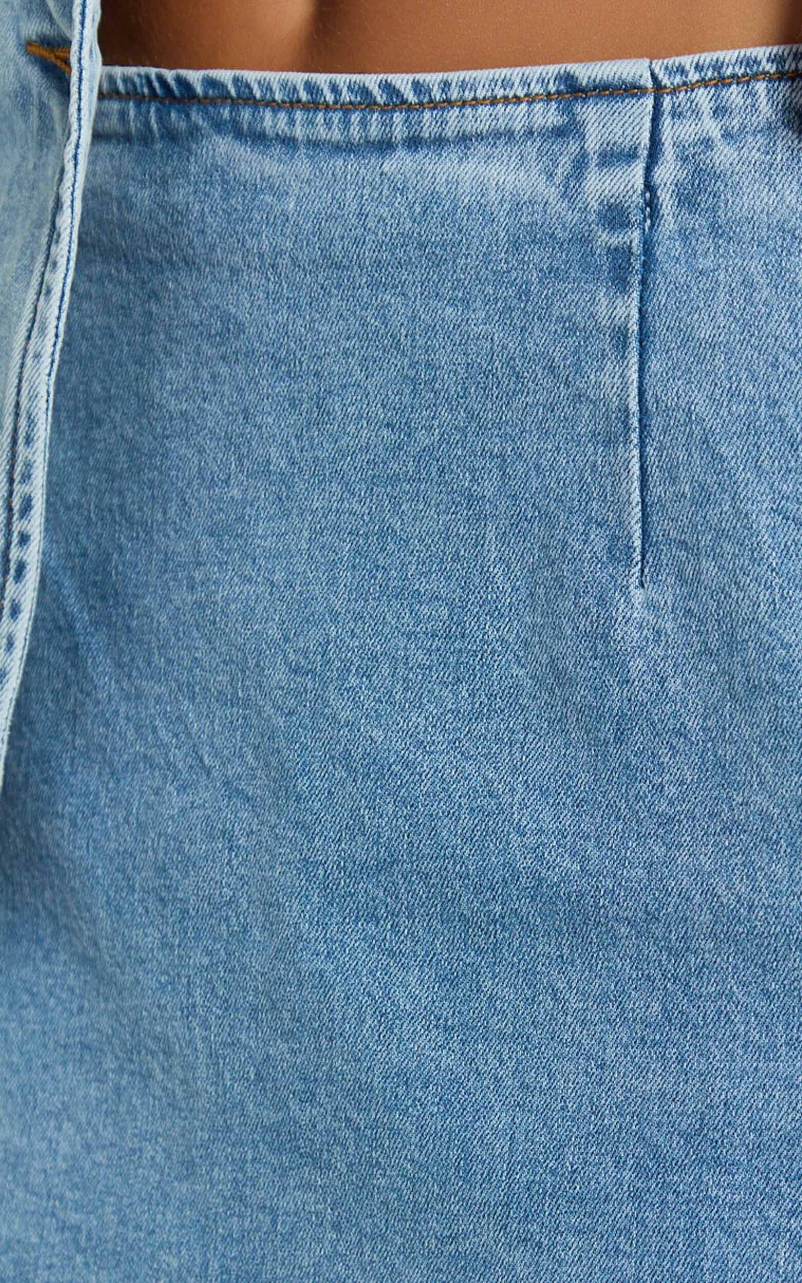 Paige Mini Skirt - High Waisted Denim Skirt in Mid Blue Wash