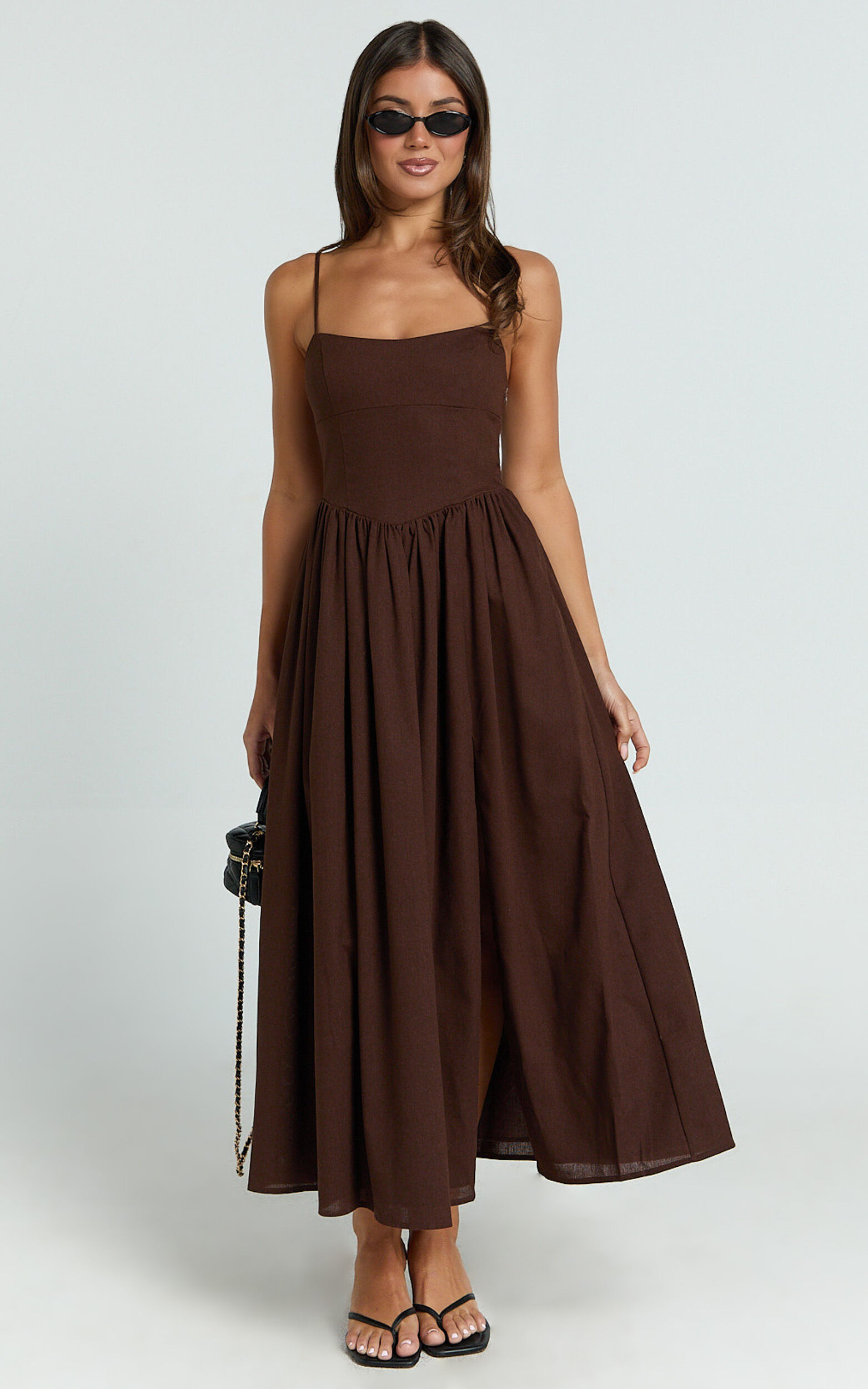 Morris Midi Dress - Linen Scoop Neck Gathered Dress in Chocolate
