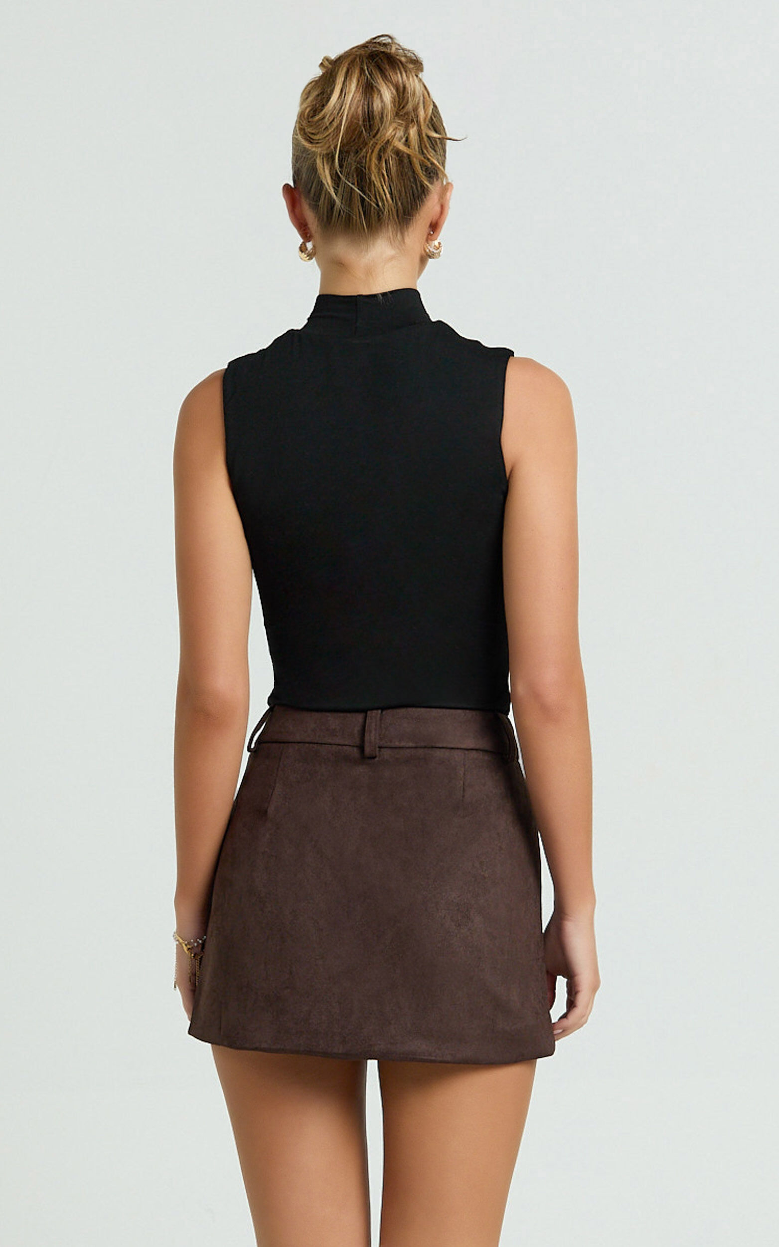 Priscilla Mini Skirt - Mid Waist Faux Suede Skirt in Dark Chocolate
