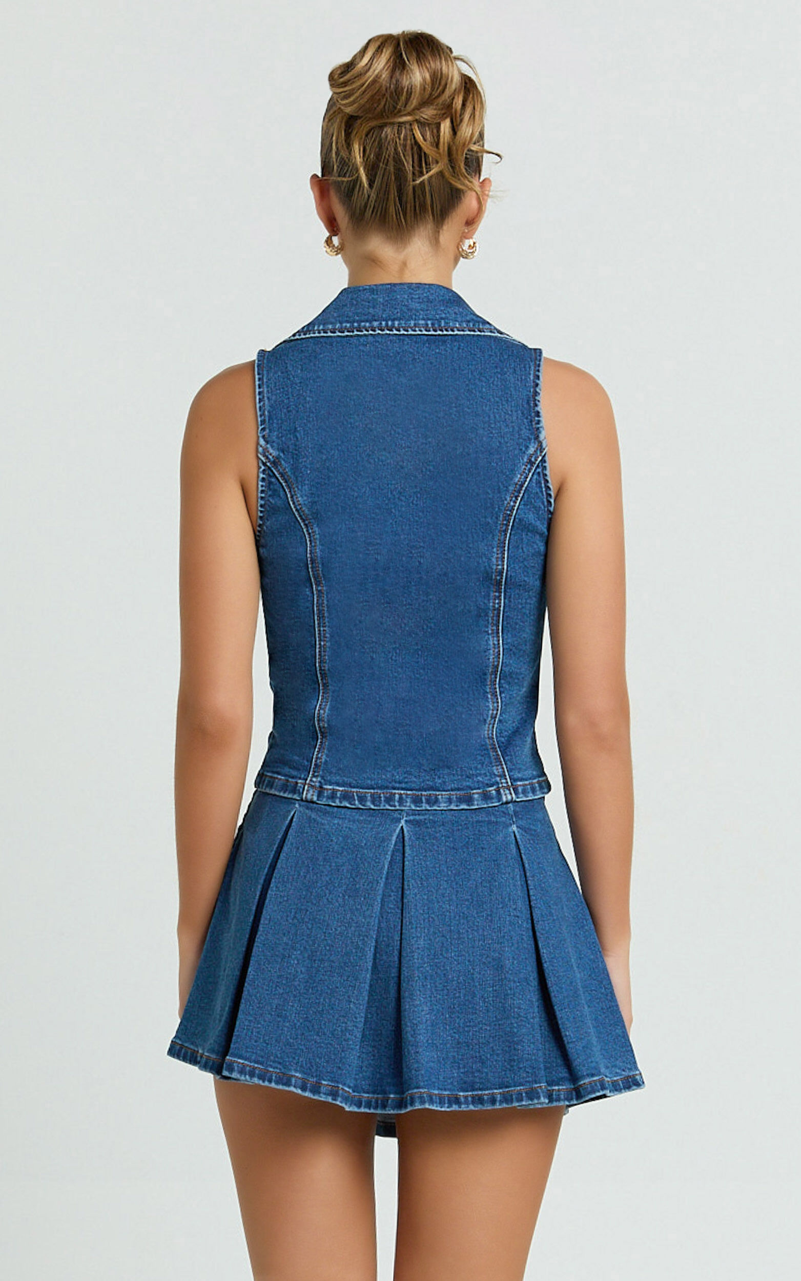 Nikita Mini Skirt - Mid Waisted Denim Box Pleat Skirt in Dark Blue Wash