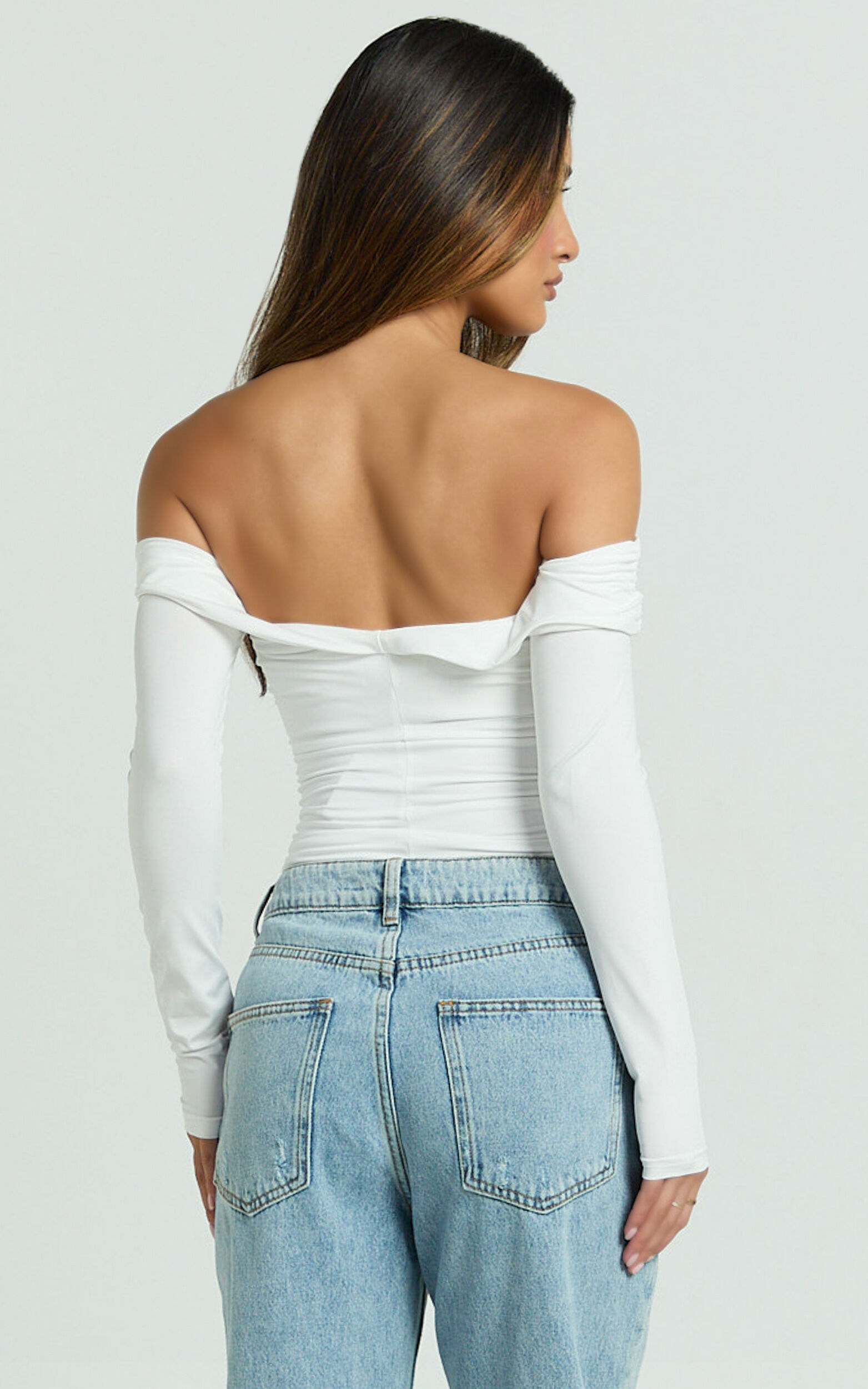 Dana Top - Off Shoulder Long Sleeve Ruched Fitted Top in White