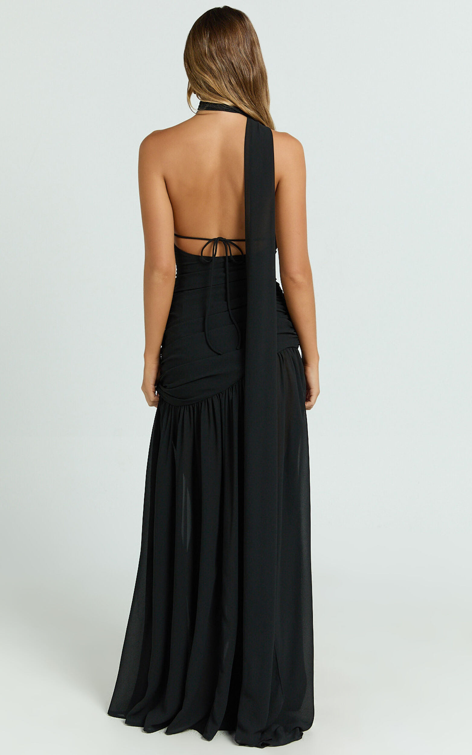 Enya Maxi Dress - One Shoulder Neck Tie Ruched High Split Dress in Black