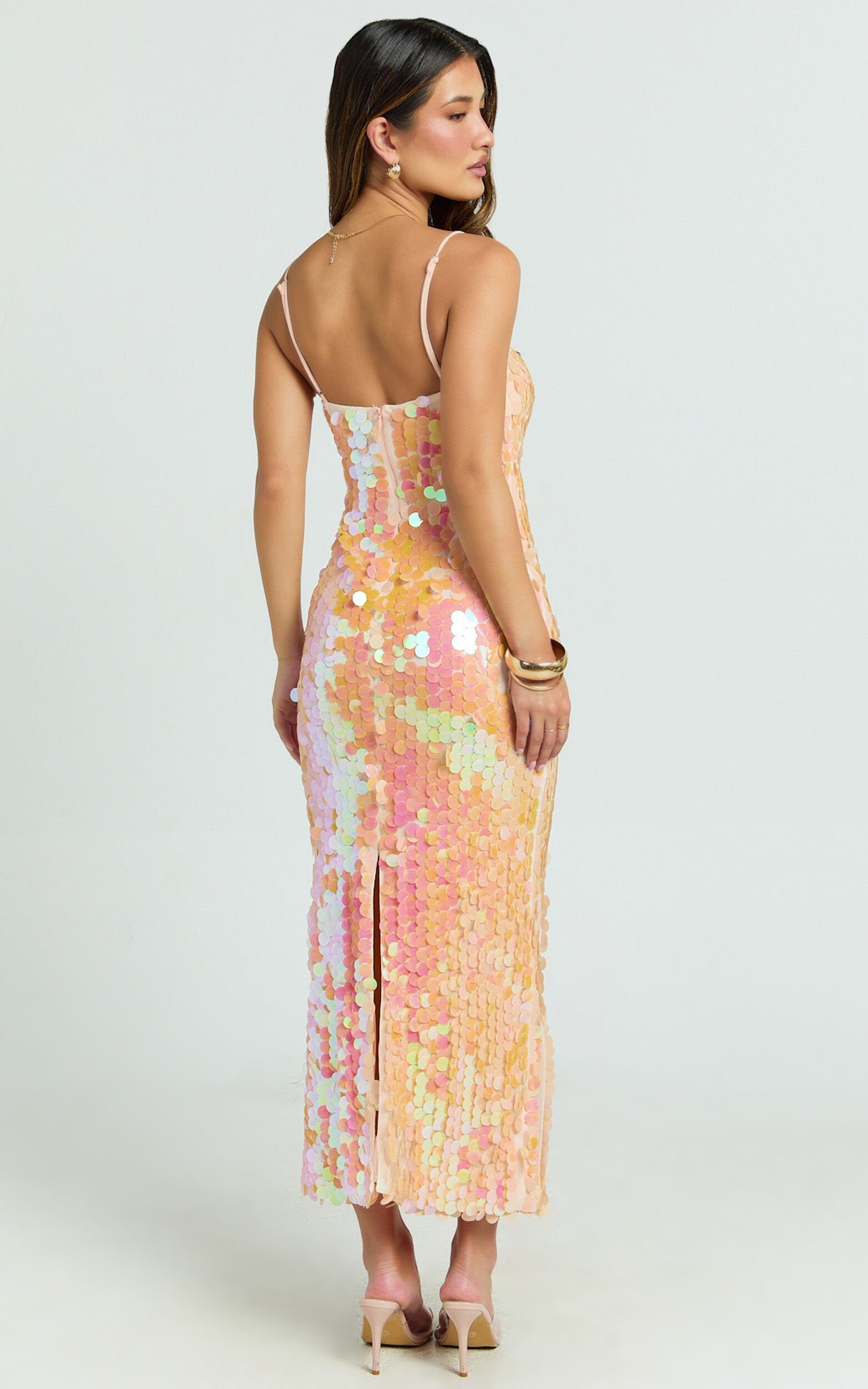 Casey Midi Dress - Square Neck Sequin Bodycon Dress in Peach