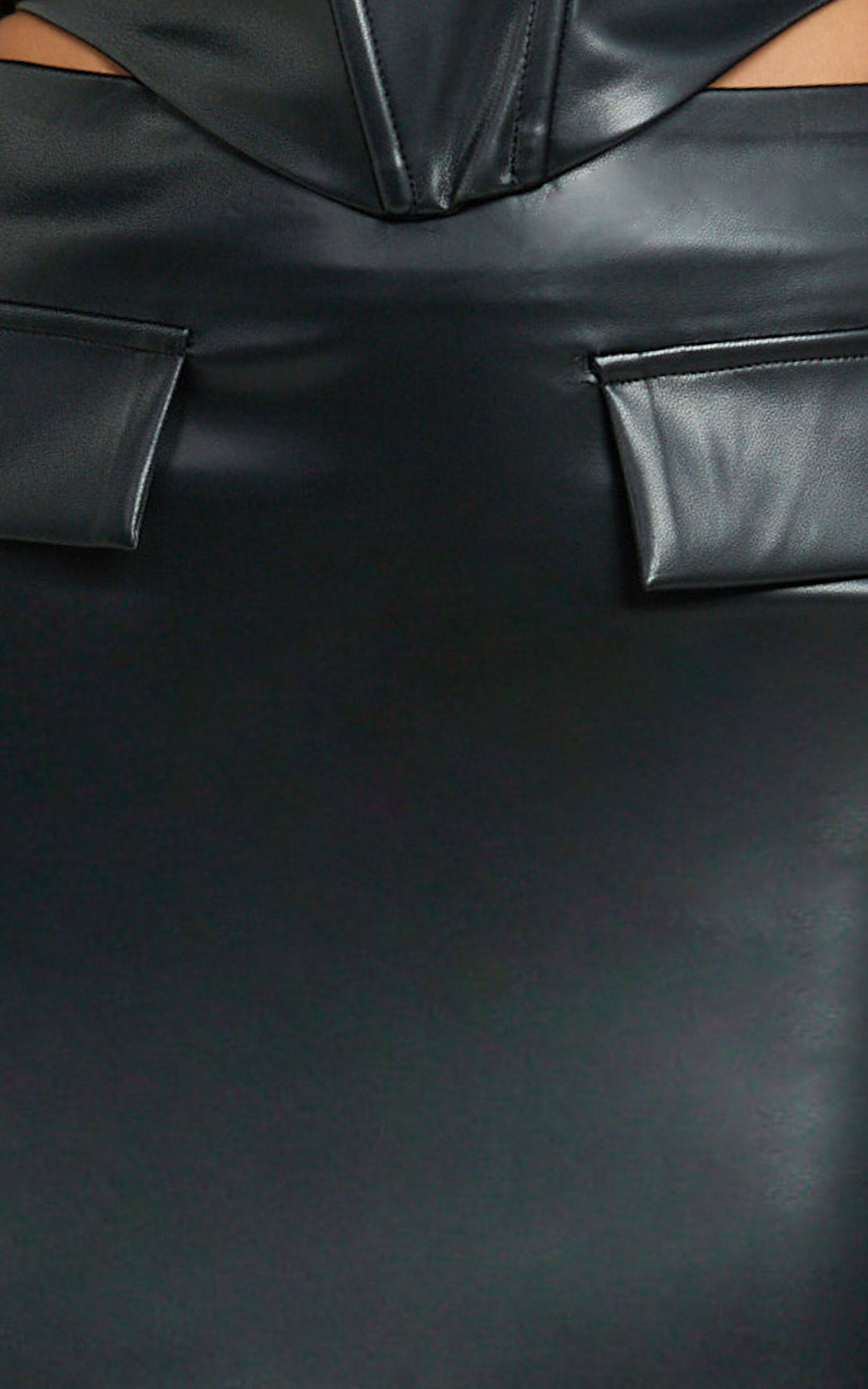 Raye Mini Skirt - Faux Leather Pocket Front Skirt in Black