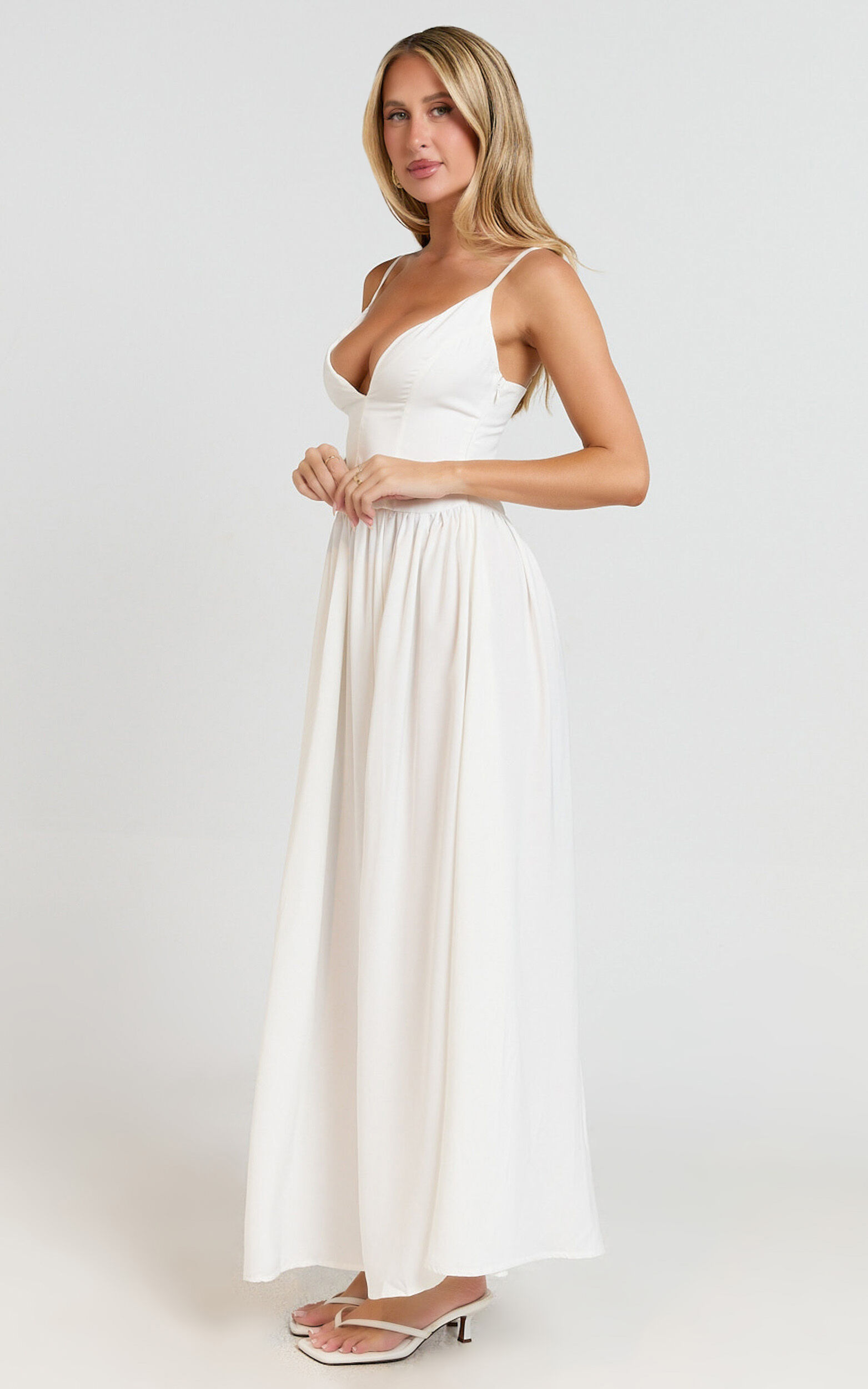 Jamilla Maxi Dress - Plunge Drop Waist High Leg Split Dress in Off White