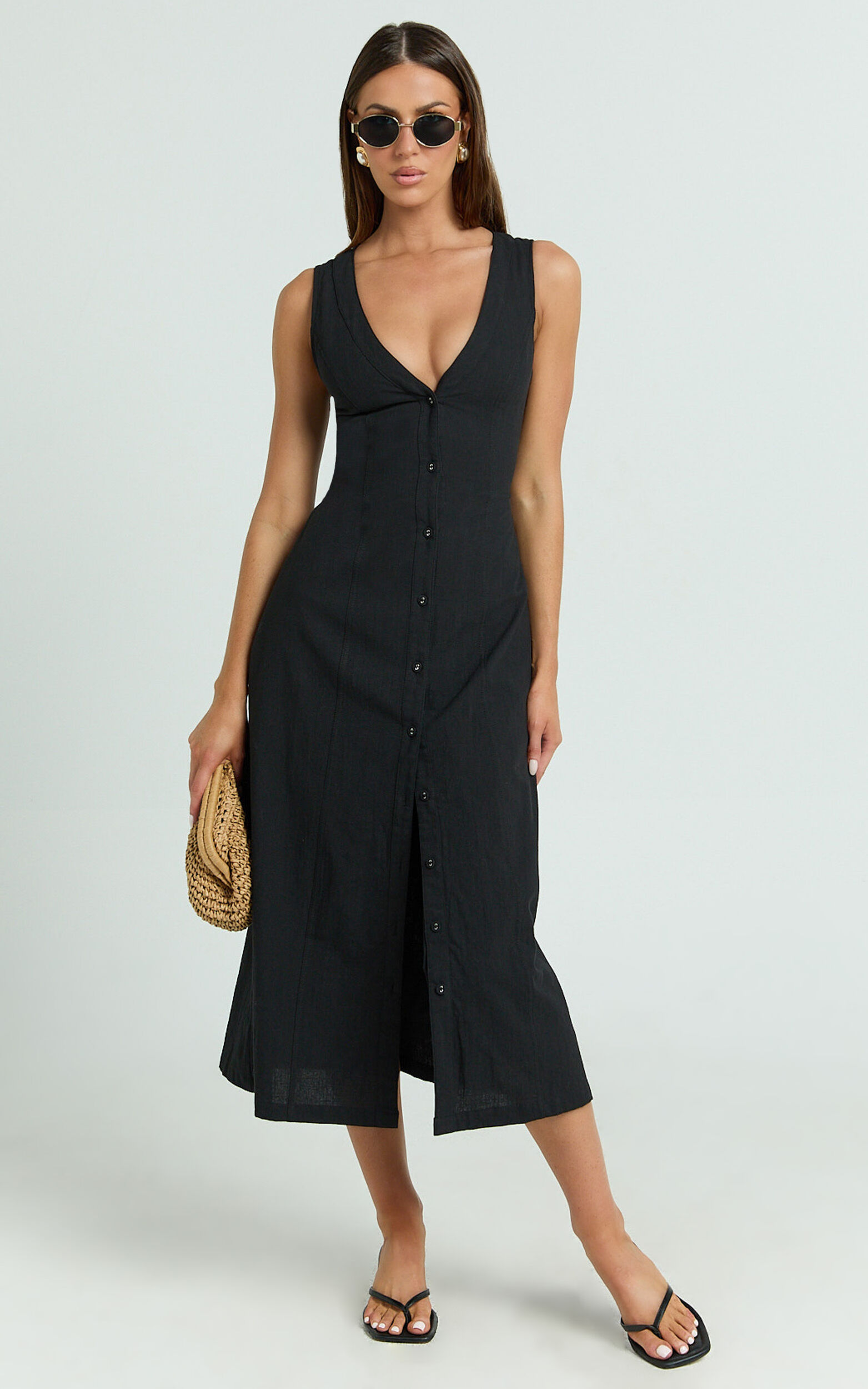 Juliet Midi Dress - Button Through V Neck Dress in Black