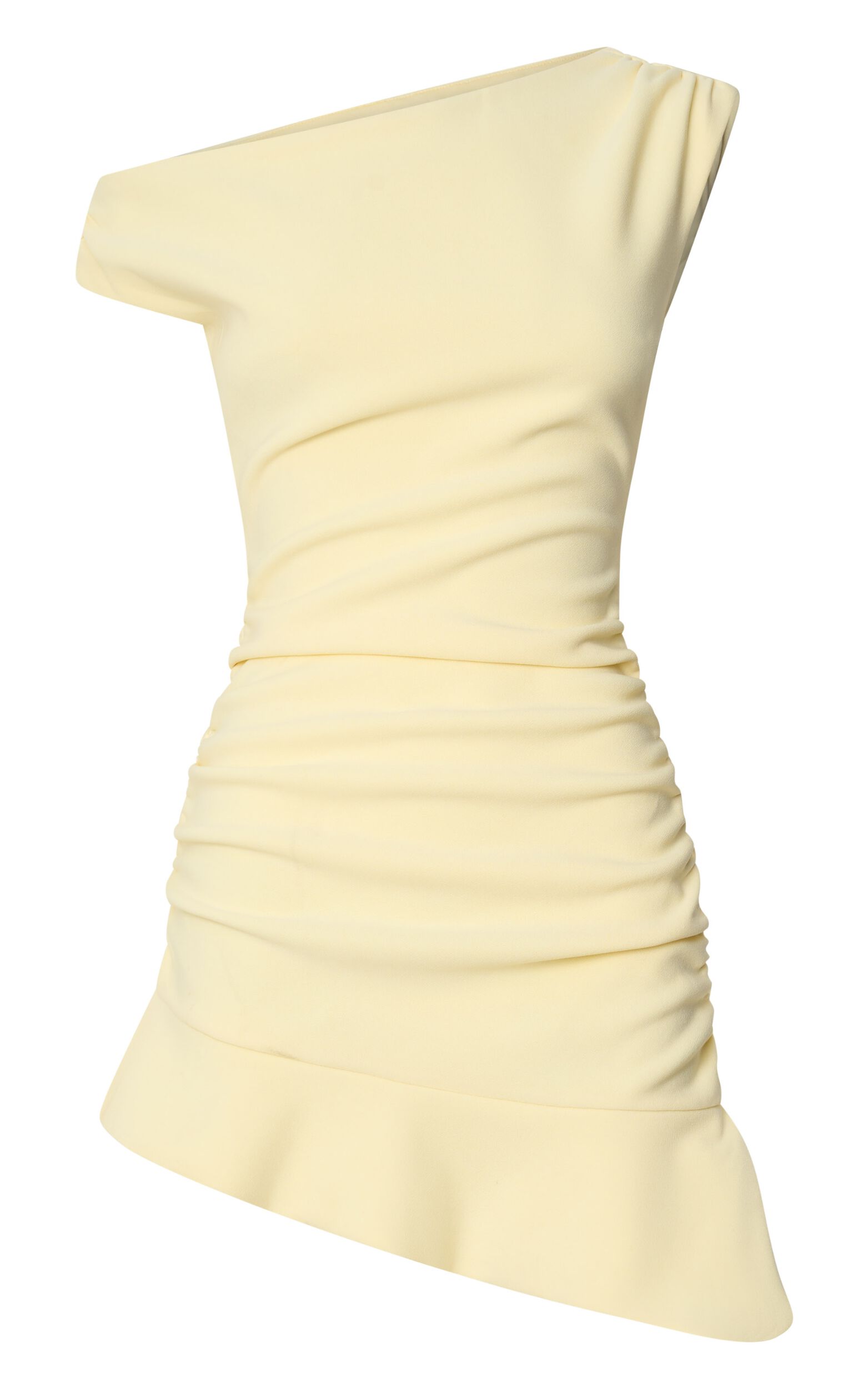 Goldie Mini Dress - Tipped Off Shoulder Cap Sleeve Ruched Fitted Ruffle Hem Skirt Dress in Lemon