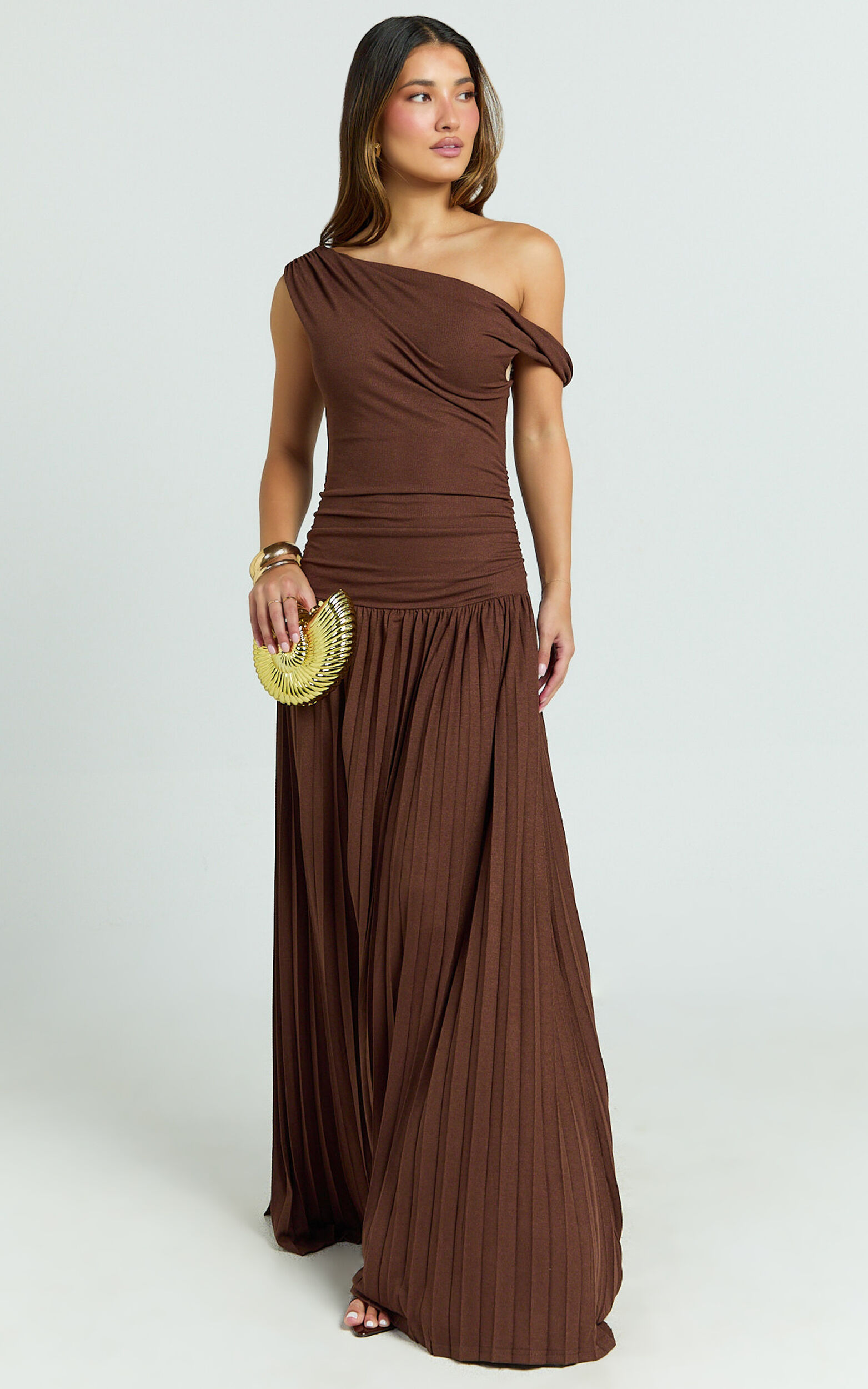 Yvonne Maxi Dress - Jersey Tip Shoulder Ruched Dress in Chocolate