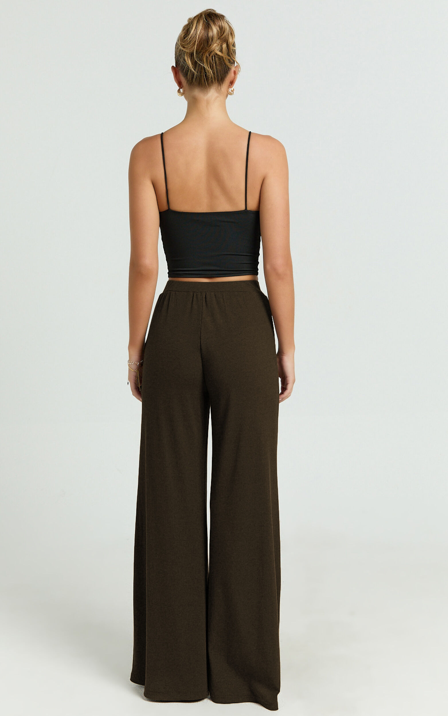 Amalthea Pants - High Waisted Jersey Rib Wide Leg Pants in Chocolate