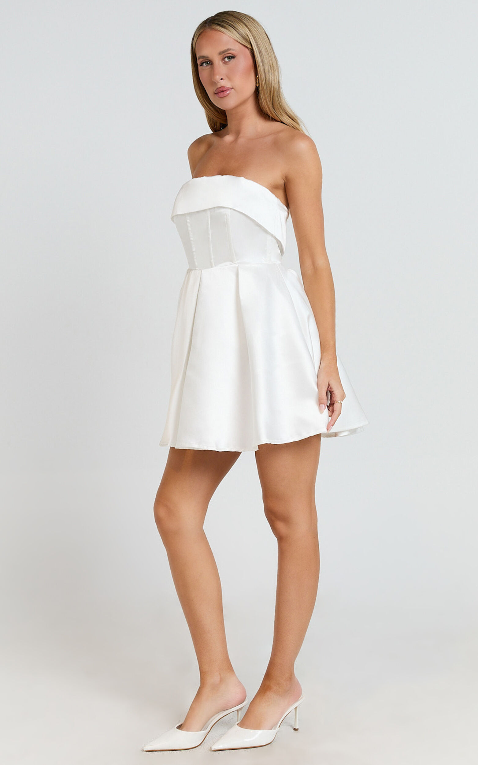 Valora Mini Dress - Strapless Fit and Flare Satin Dress in Ivory
