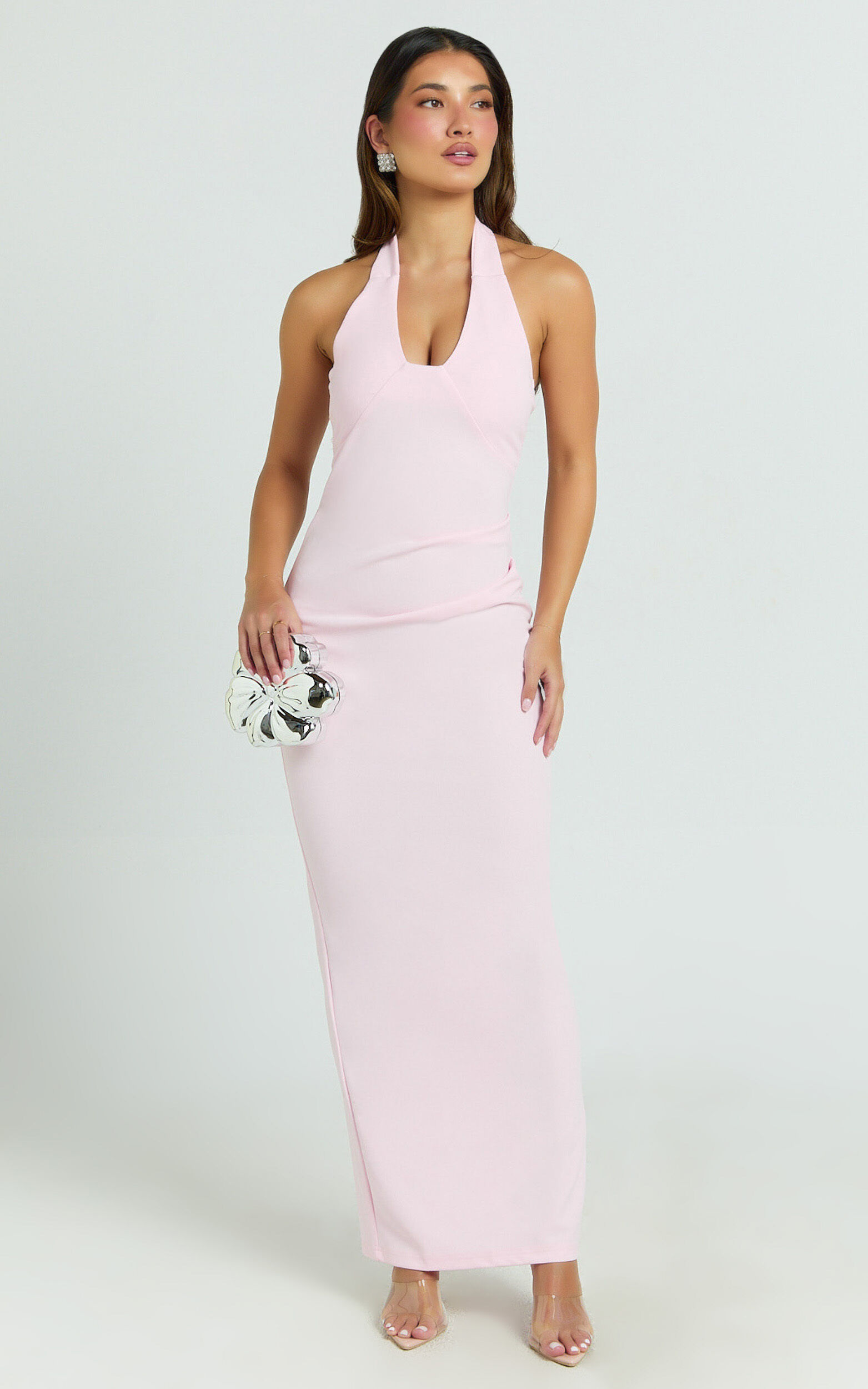 Norma Maxi Dress - Halter Neck Sleeveless Dress in Soft Pink