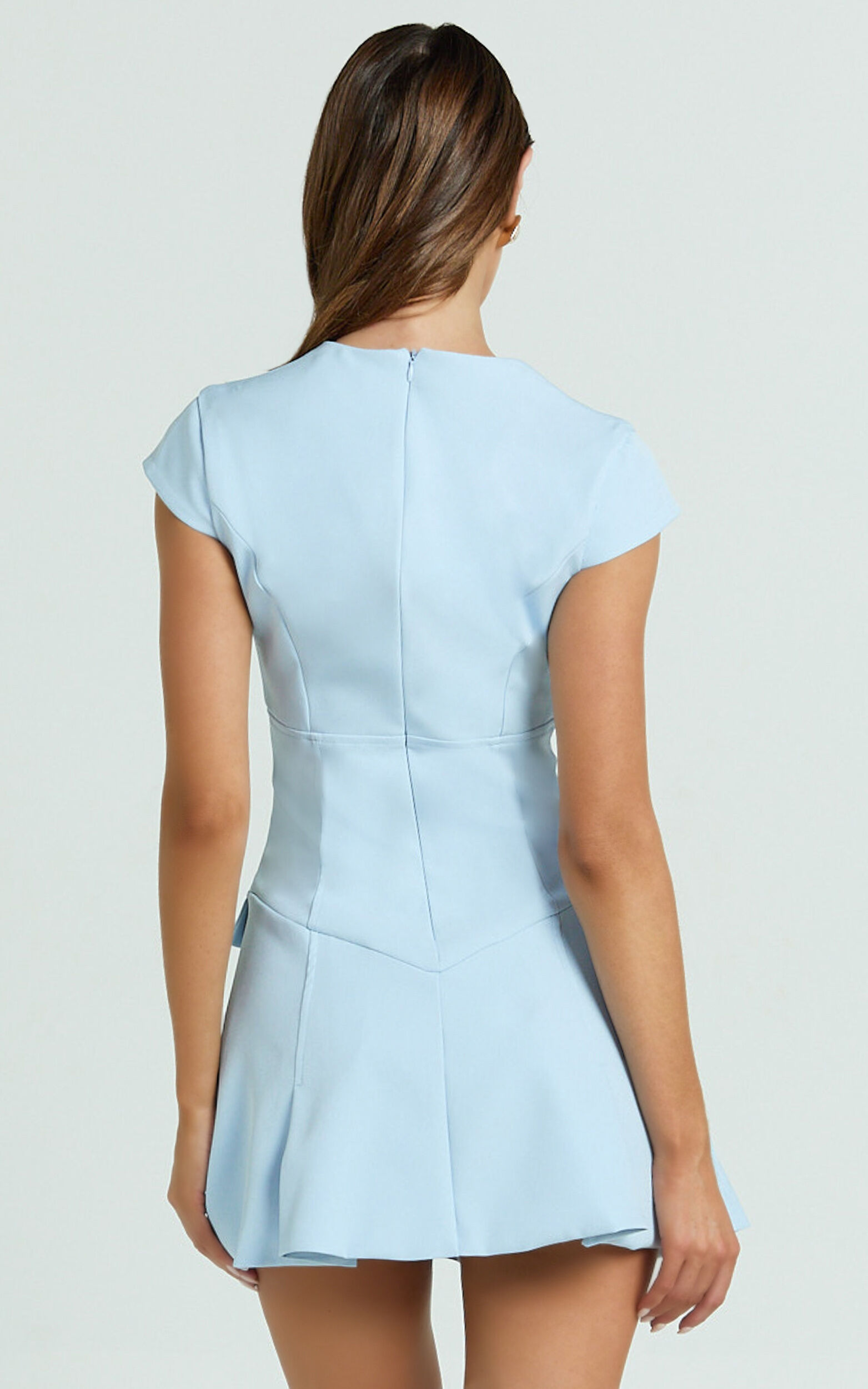 Darius Mini Dress - Cap Sleeve Slit Neck Fit And Flare Dress in Powder Blue
