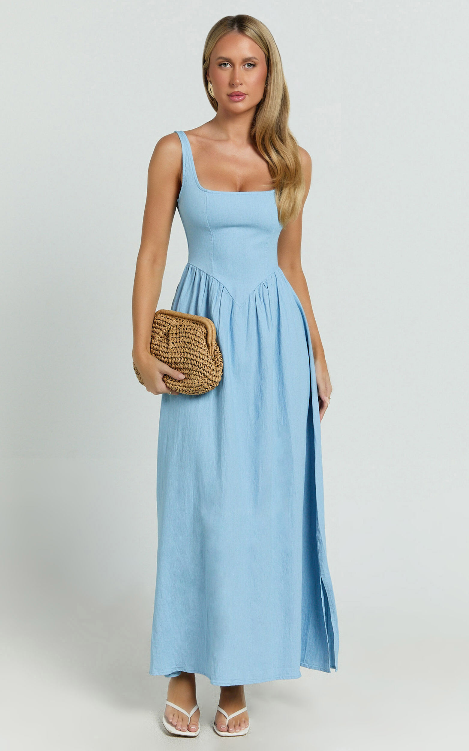 Rhaziya Midi Dress - Sleeveless Straight Neck Fit and Flare Dress in Blue