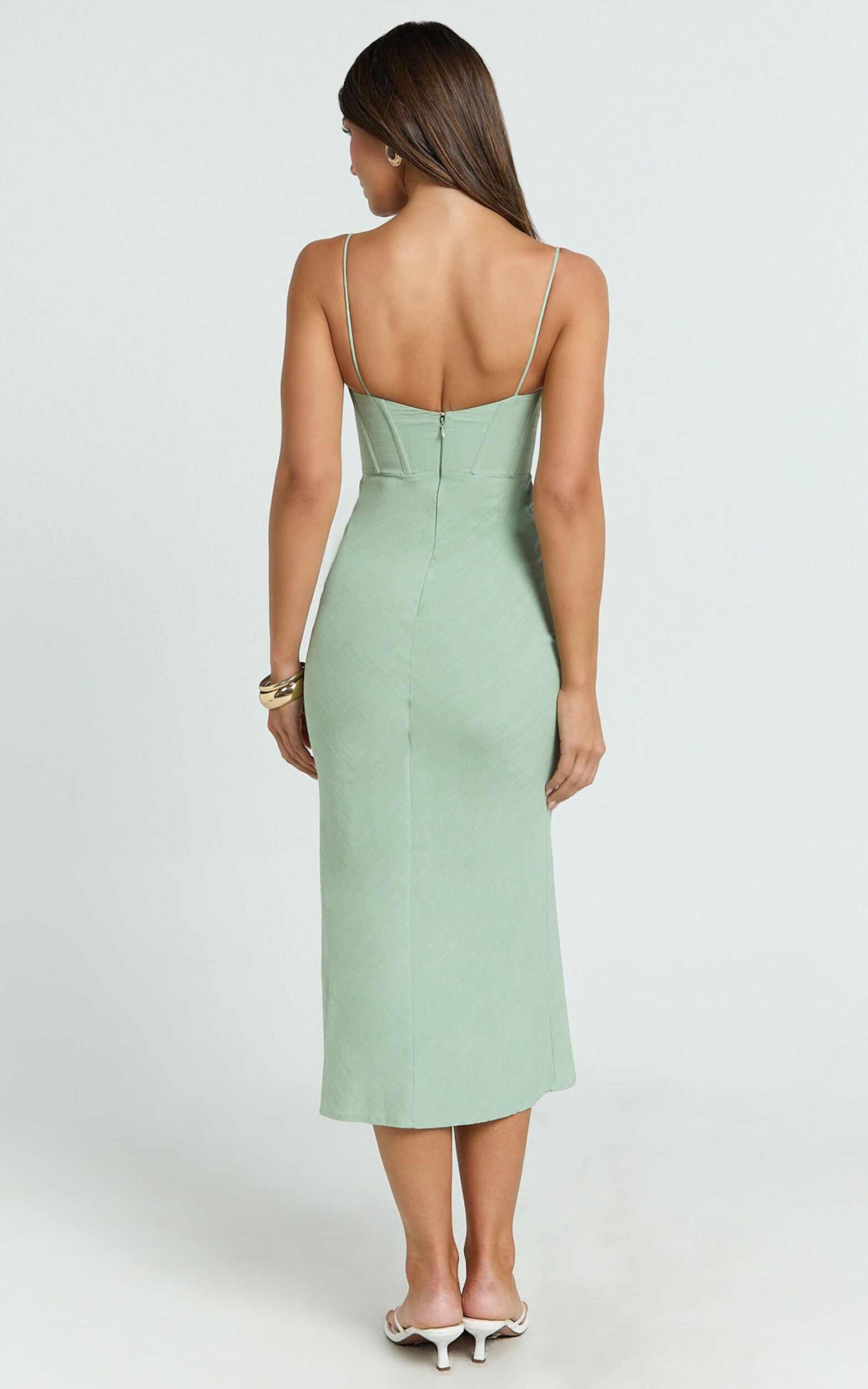 Mikayla Midi Dress - Linen Scoop Neck Ruched Bust Corset Waist Bias Skirt Dress in Sage