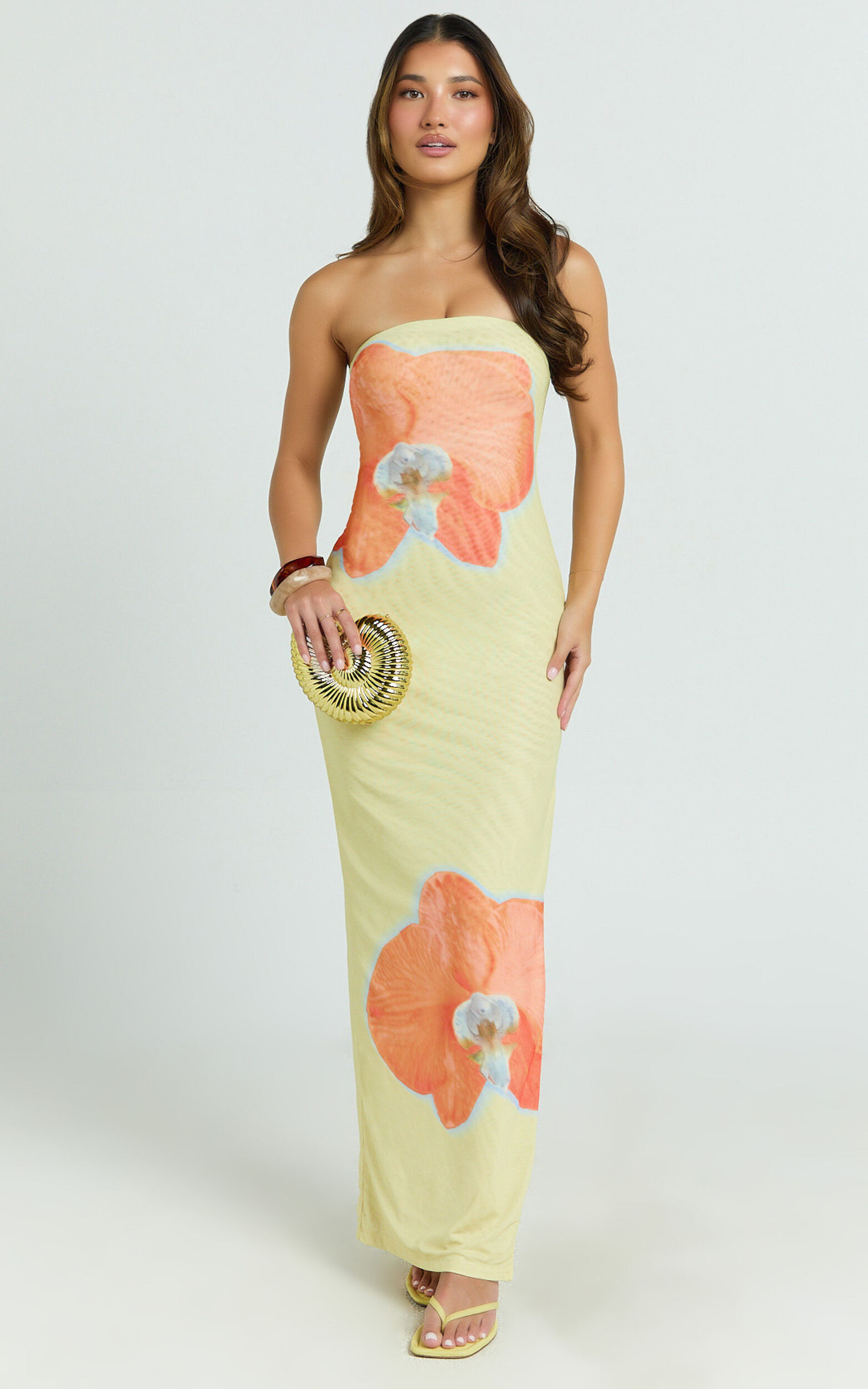 Aretta Maxi Dress - Strapless Fitted Placement Mesh Print Dress in Orchid Print