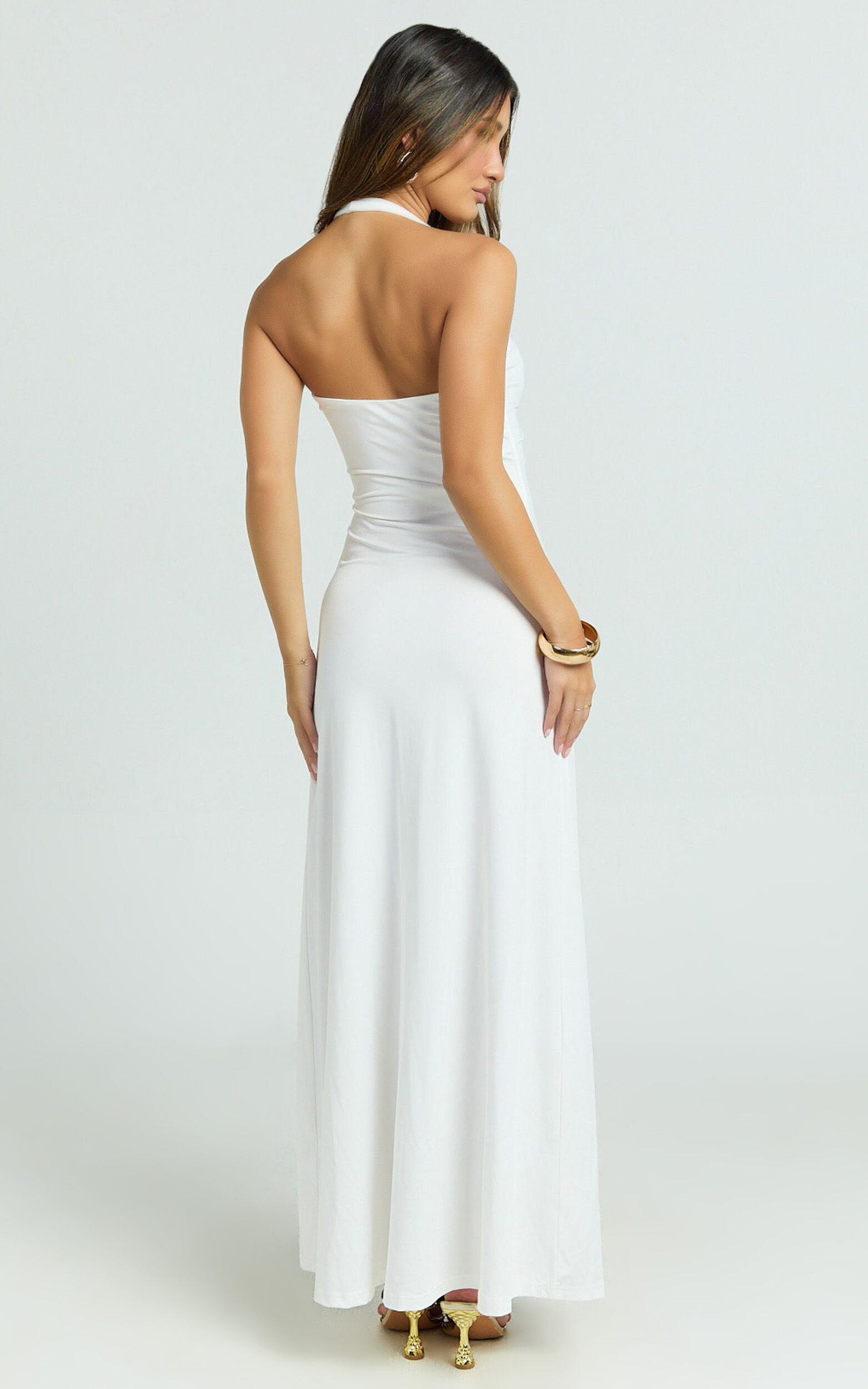 Denise Maxi Dress - Halter U Ruched Neck Cut Out Jersey Dress in White