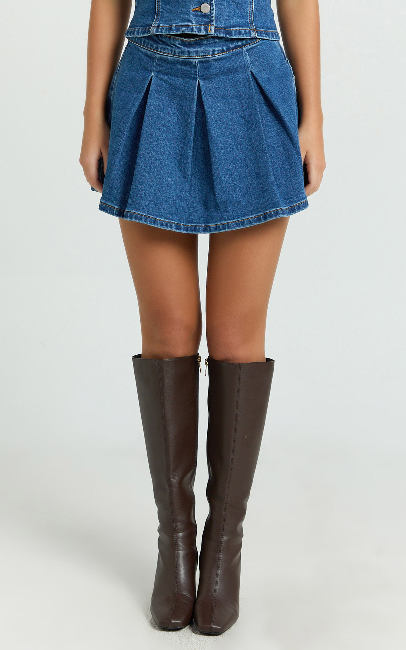 Nikita Mini Skirt - Mid Waisted Denim Box Pleat Skirt in Dark Blue Wash