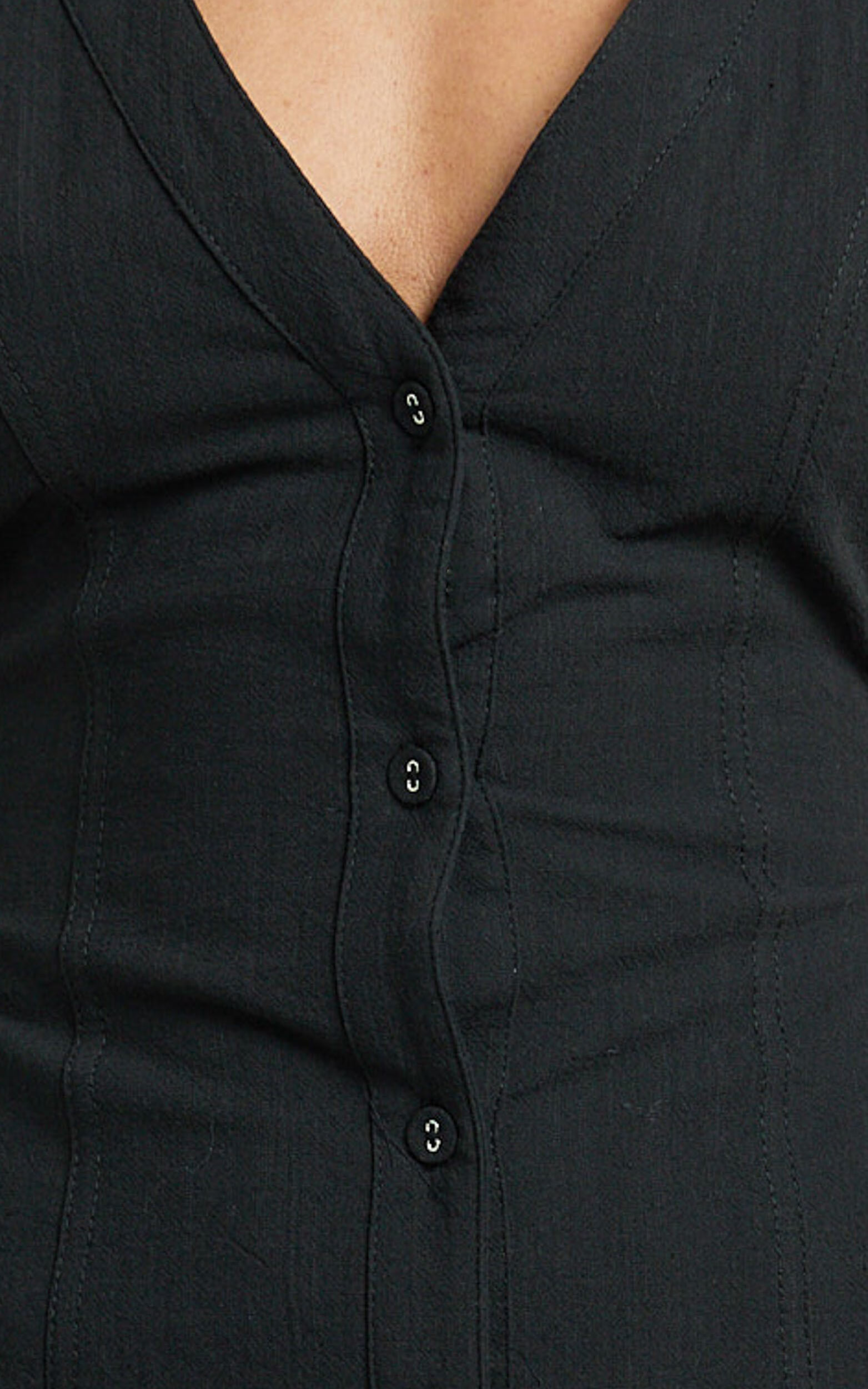 Juliet Midi Dress - Button Through V Neck Dress in Black